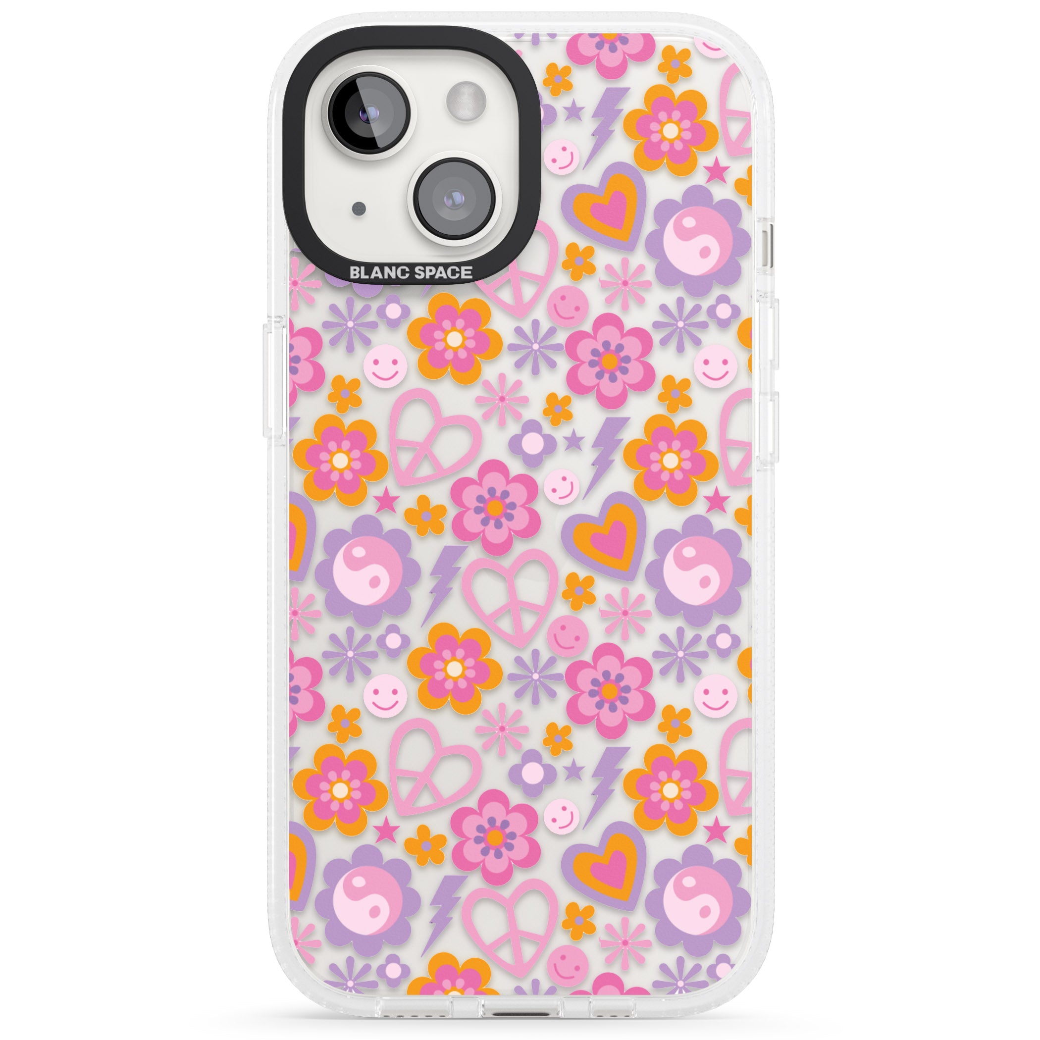 Peace, Love and Flowers Pattern iPhone 15 / 14 / 13 Clear Case Impact Air - Blanc Space