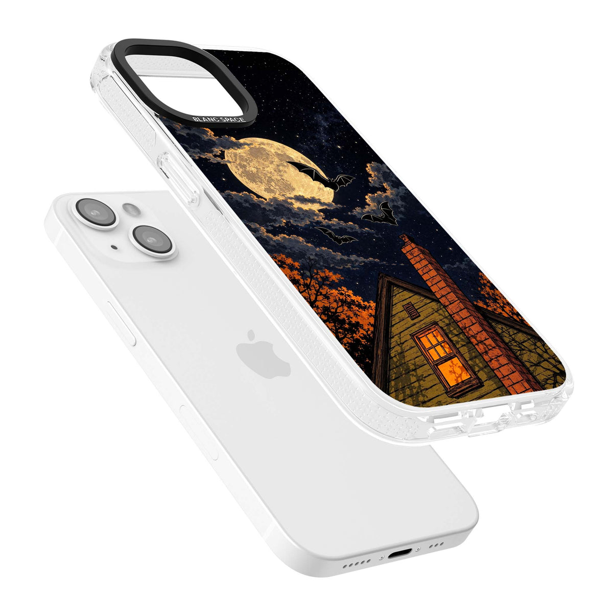 Hollows Eve Halloween iPhone case featuring a haunted house, full moon and flying bats against a starry autumn sky | Clear Case Impact Air case for iPhone 15, iPhone 15 Plus