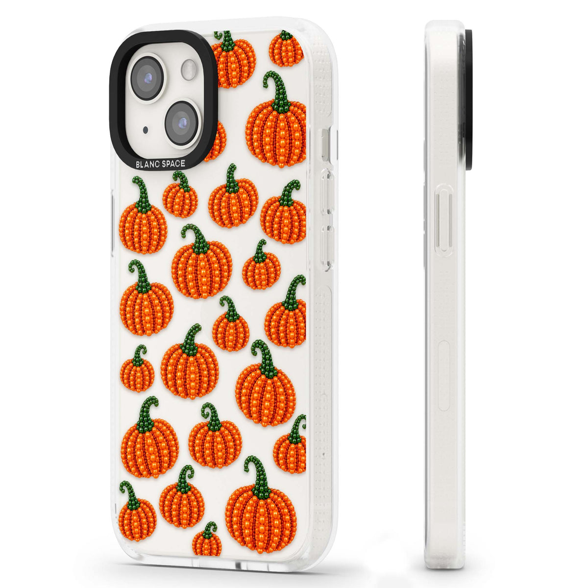 Beaded Pumpkins halloween iPhone case featuring beaded orange pumpkins with green stems on a clear background | Clear Case Impact Air case for iPhone 15, iPhone 15 Plus
