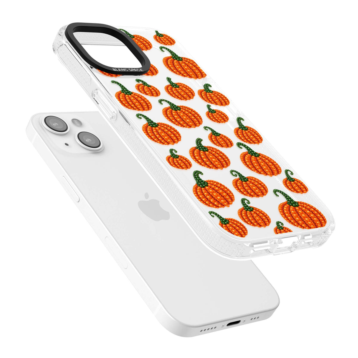 Beaded Pumpkins halloween iPhone case featuring beaded orange pumpkins with green stems on a clear background | Clear Case Impact Air case for iPhone 15, iPhone 15 Plus