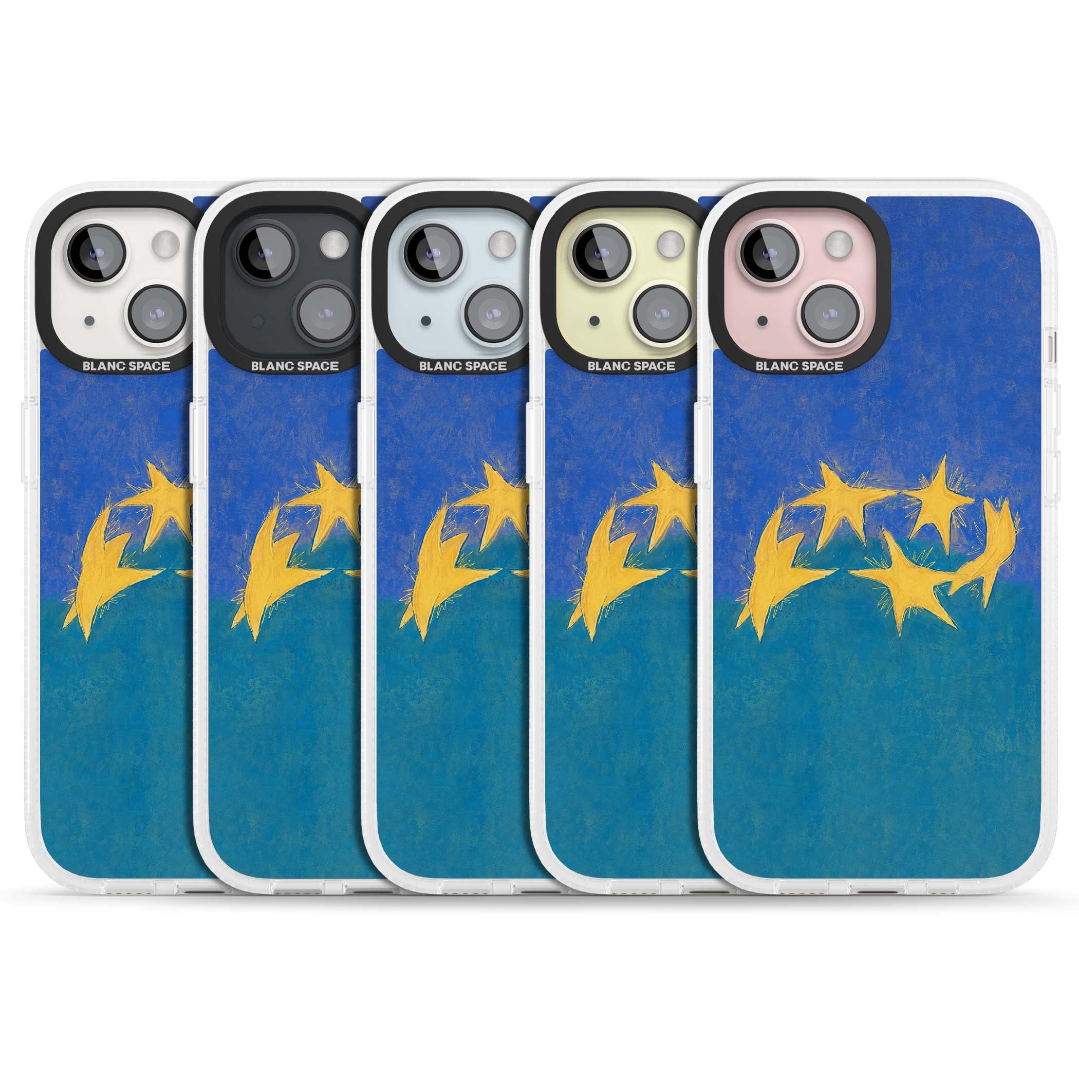 Star Boogie stars aesthetic iPhone case featuring five yellow hand-painted stars on cobalt blue and teal | Clear Case Impact Air case for iPhone 15, iPhone 15 Plus