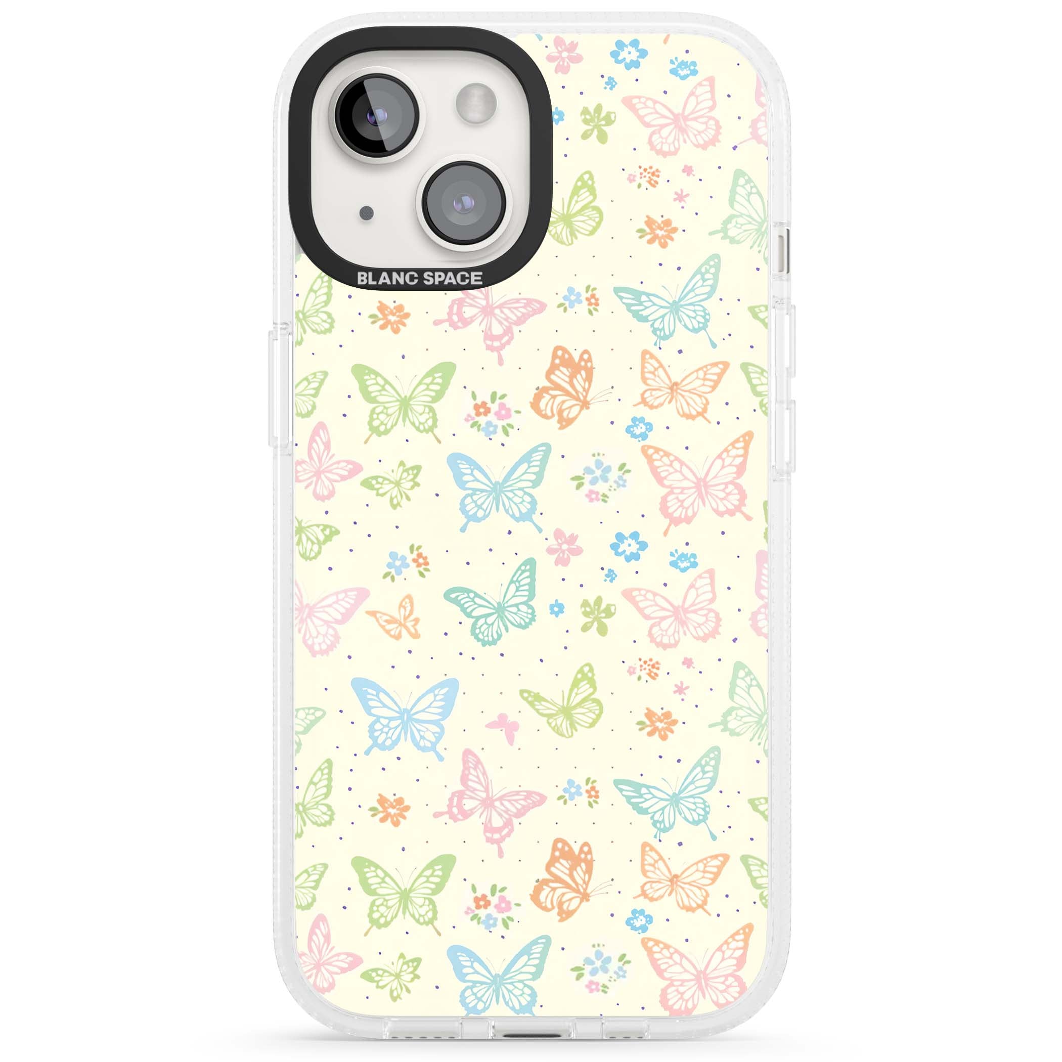 Sugar Wings cottagecore iPhone case featuring rainbow pastel butterflies, tiny wildflowers, and a cream background | Clear Case Impact Air case for iPhone 15, iPhone 15 Plus