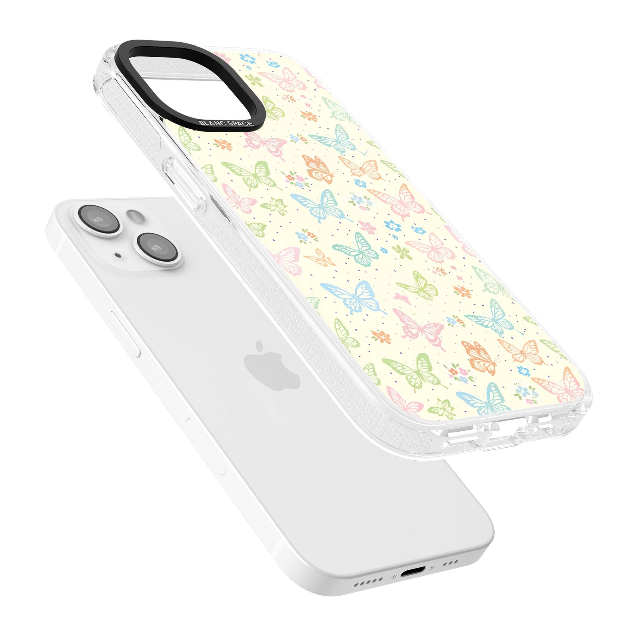 Sugar Wings cottagecore iPhone case featuring rainbow pastel butterflies, tiny wildflowers, and a cream background | Clear Case Impact Air case for iPhone 15, iPhone 15 Plus