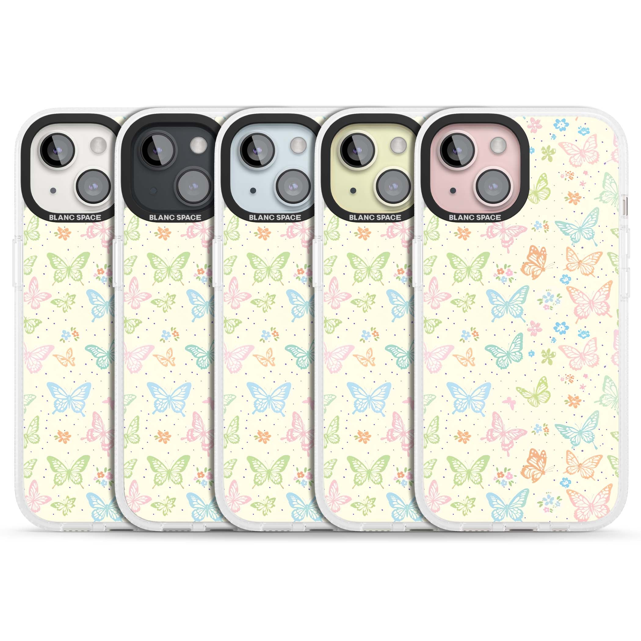 Sugar Wings cottagecore iPhone case featuring rainbow pastel butterflies, tiny wildflowers, and a cream background | Clear Case Impact Air case for iPhone 15, iPhone 15 Plus