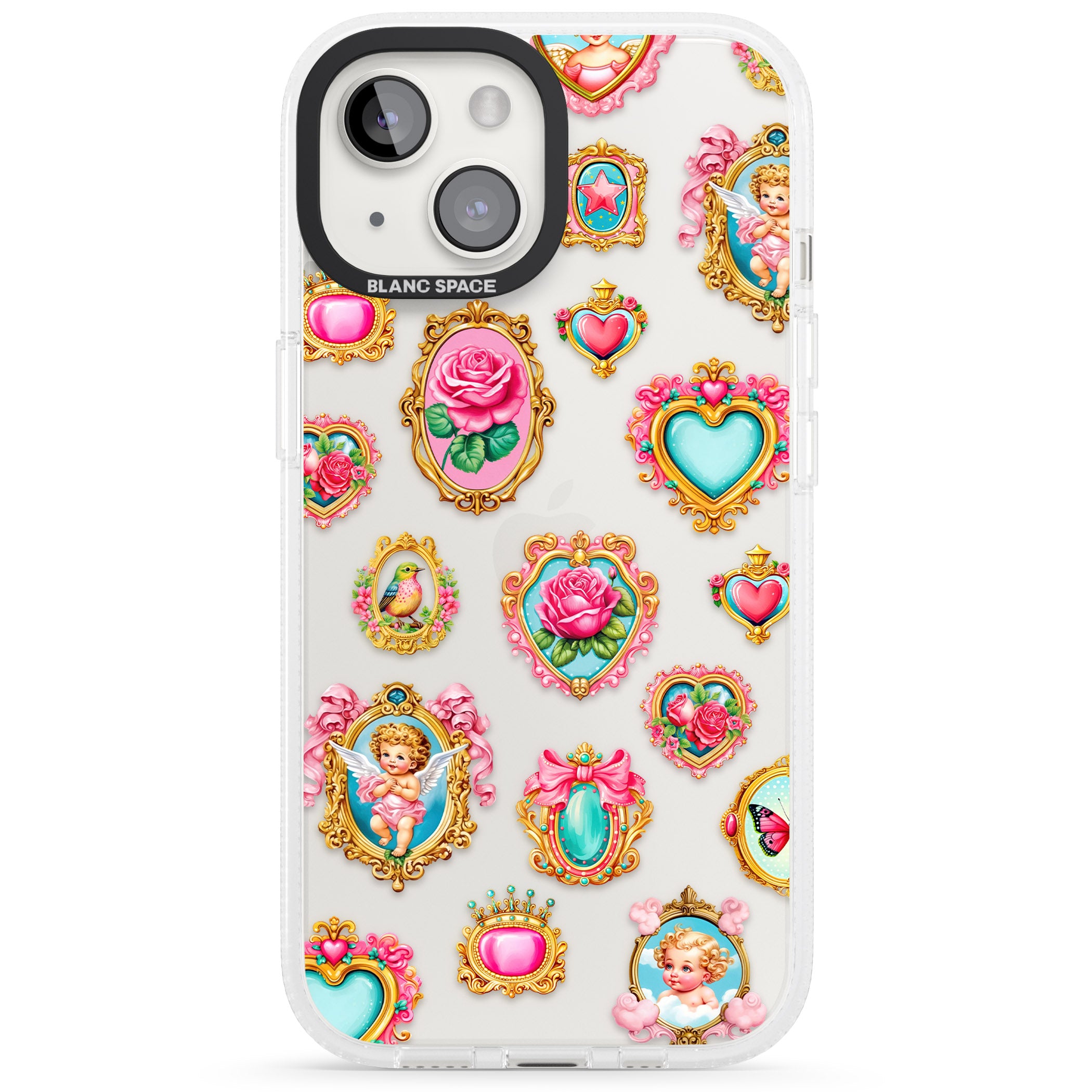 Angelcore Hearts & Frames iPhone 15 / 14 / 13 Clear Case Impact Air - Blanc Space