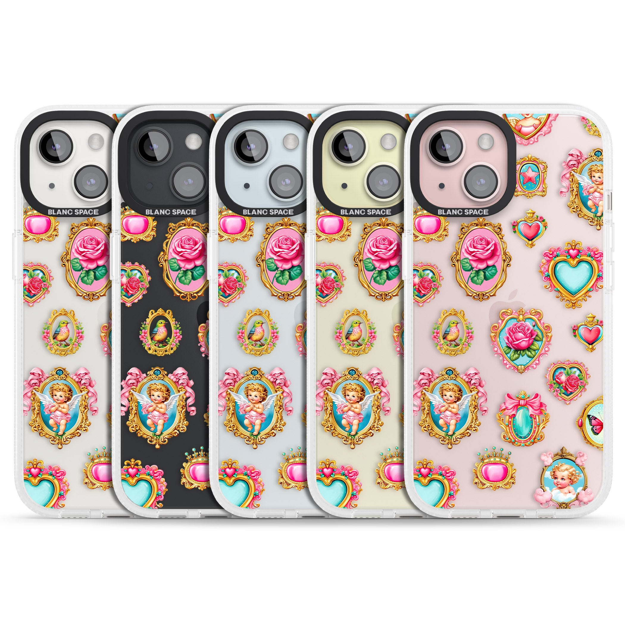 Angelcore Hearts & Frames iPhone 15 / 14 / 13 Clear Case Impact Air - Blanc Space
