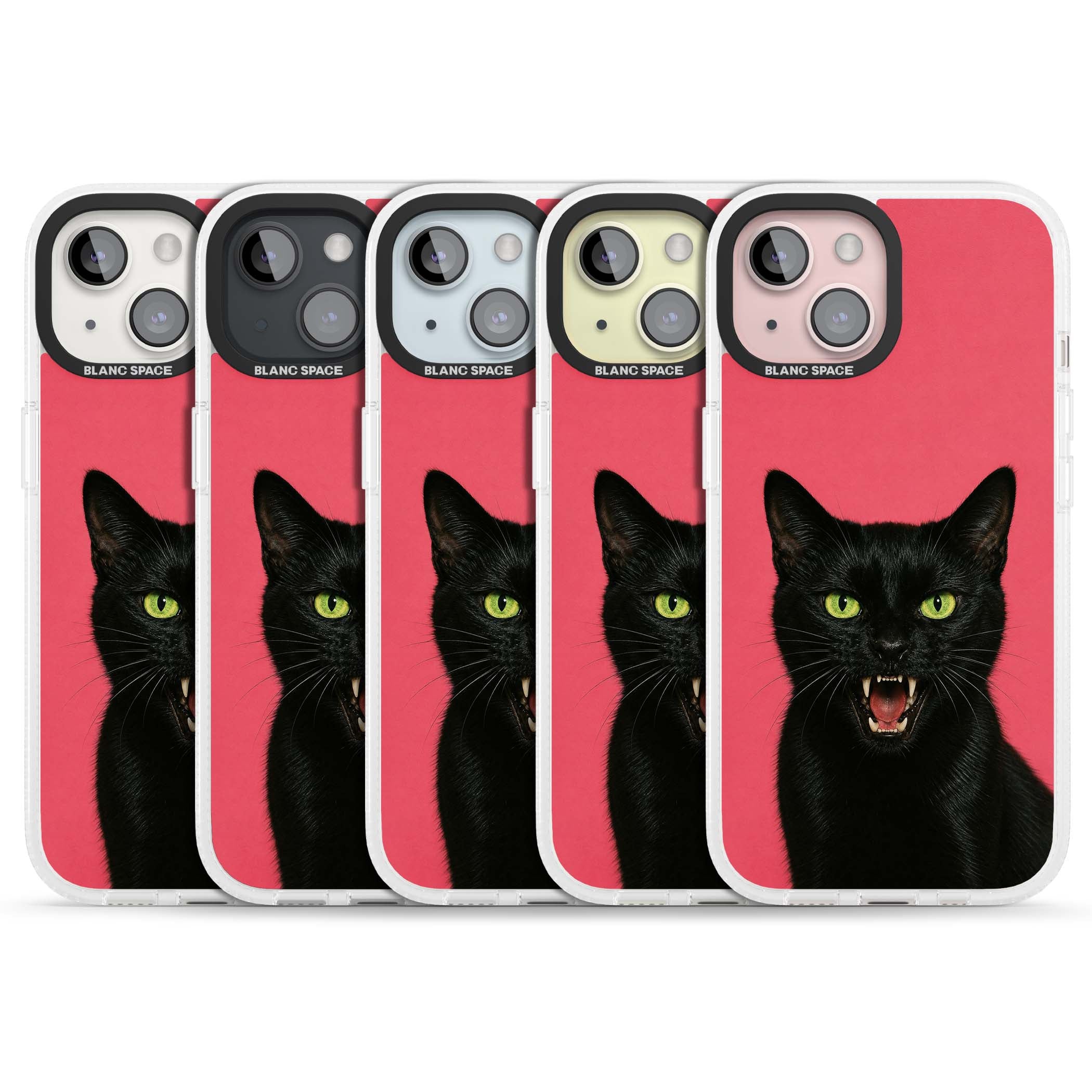 Hissin' Baddie black cat iPhone case featuring a hissing feline with green eyes on a hot pink background | Clear Case Impact Air case for iPhone 15, iPhone 15 Plus
