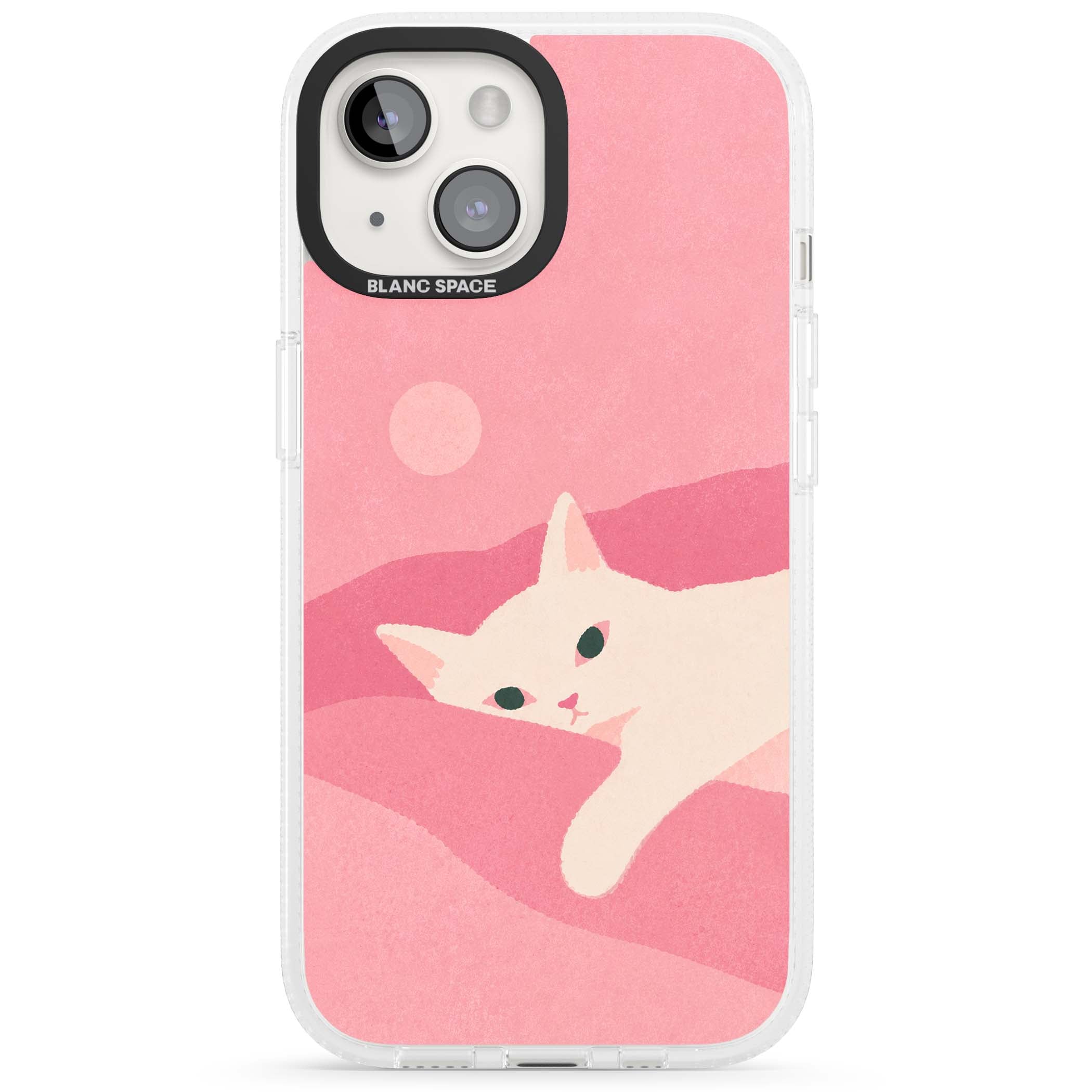 Pink Dreams cute cat iPhone case featuring a white kitten, soft pink hills and a pale pastel sun | Clear Case Impact Air case for iPhone 15, iPhone 15 Plus