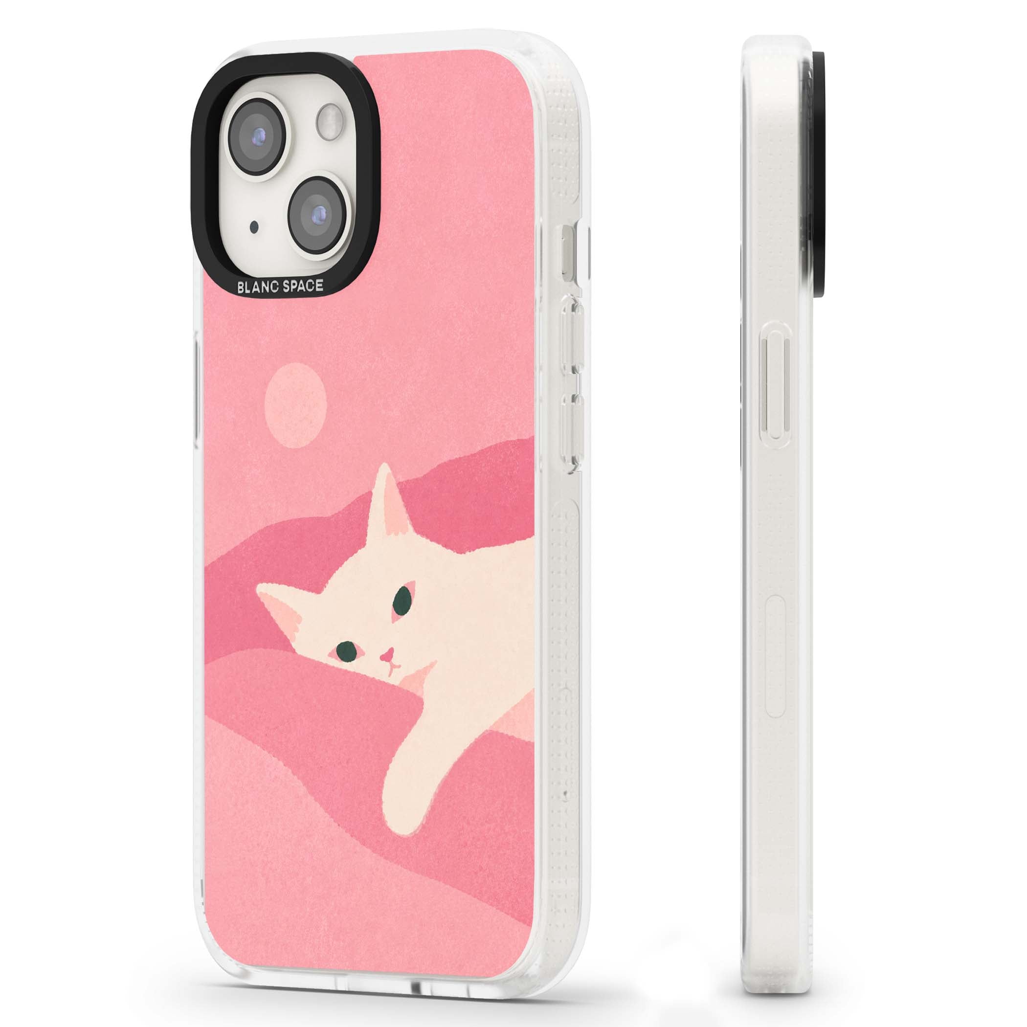Pink Dreams cute cat iPhone case featuring a white kitten, soft pink hills and a pale pastel sun | Clear Case Impact Air case for iPhone 15, iPhone 15 Plus