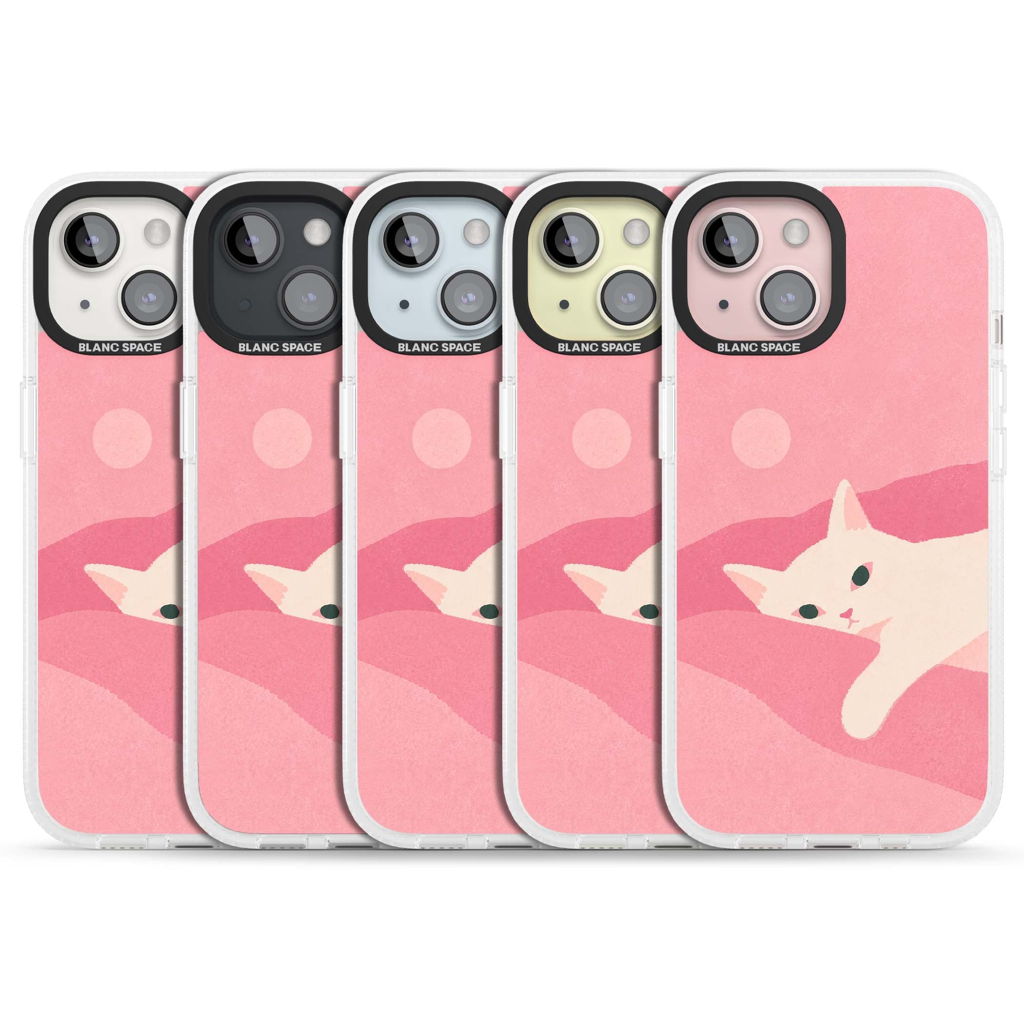 Pink Dreams cute cat iPhone case featuring a white kitten, soft pink hills and a pale pastel sun | Clear Case Impact Air case for iPhone 15, iPhone 15 Plus