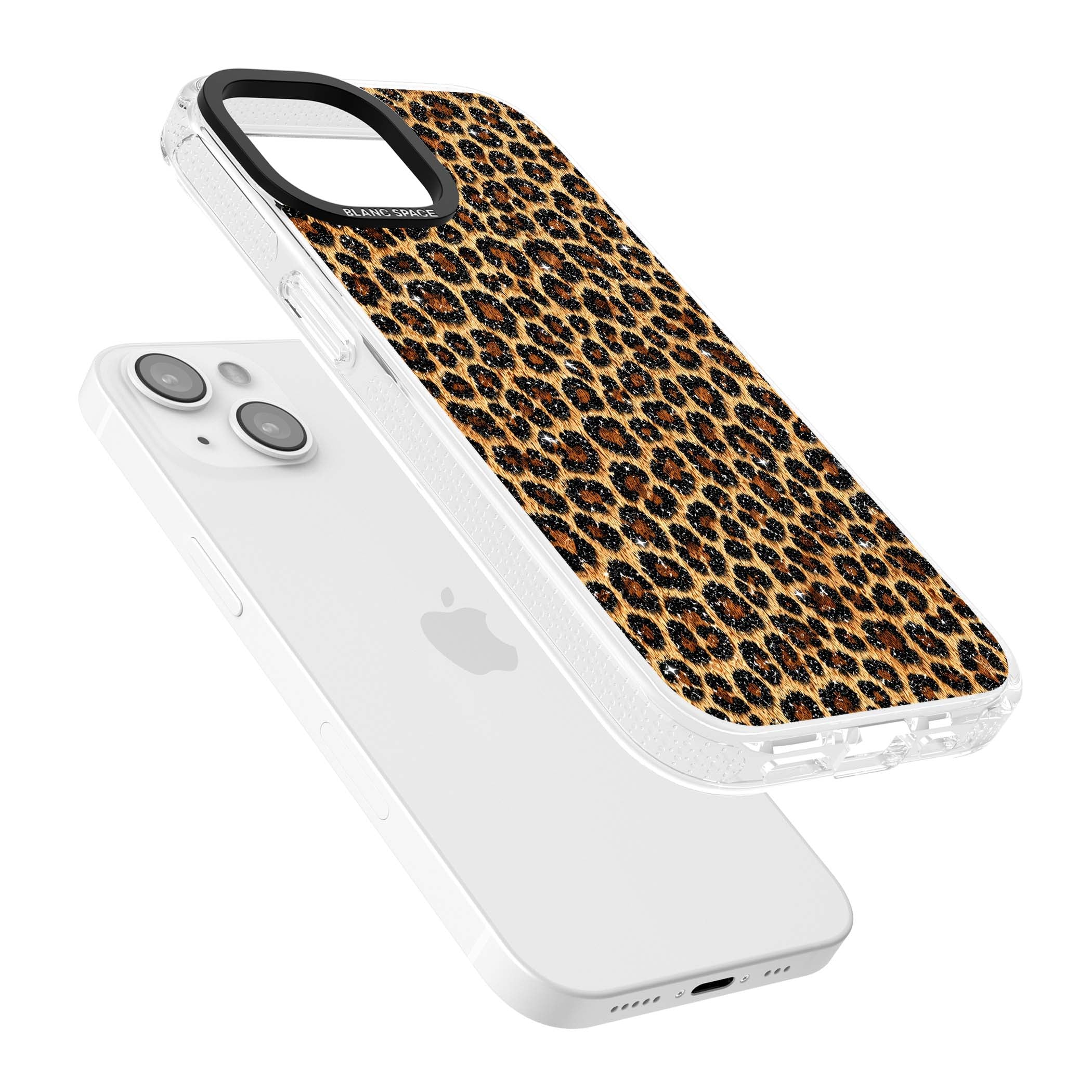 Diamond Leopard leopard print iPhone case featuring golden tan fur, black rosette spots and subtle glitter sparkle | Clear Case Impact Air case for iPhone 15, iPhone 15 Plus