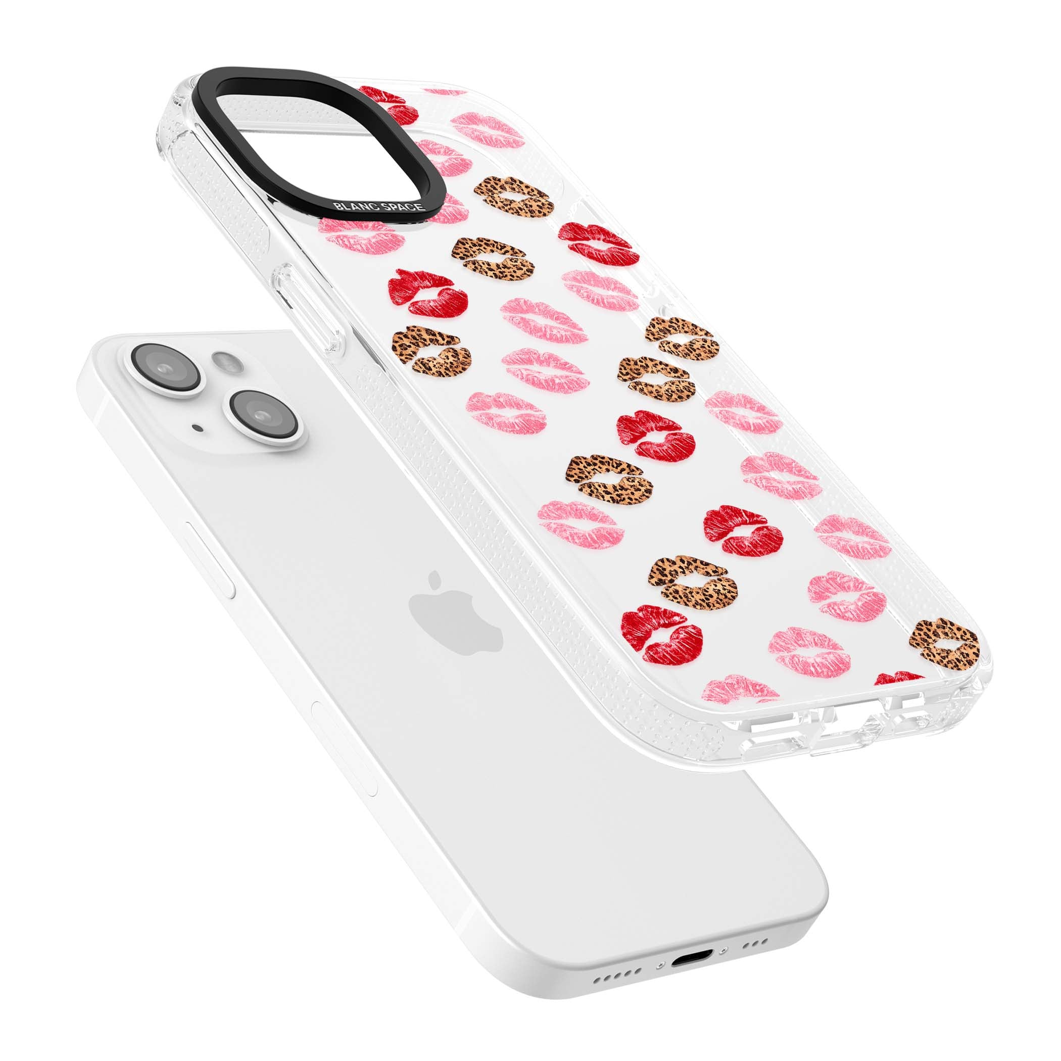 Wild Kisses coquette iPhone case featuring red, pink and leopard print lipstick kiss marks on a clear background | Clear Case Impact Air case for iPhone 15, iPhone 15 Plus
