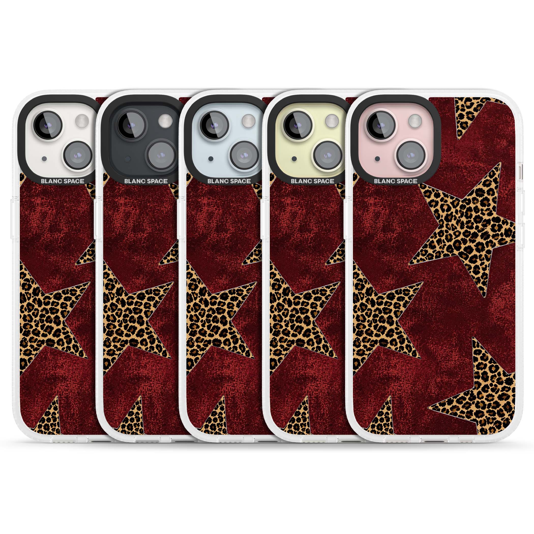 Showgirl leopard print iPhone case featuring cheetah print stars on distressed red grunge background | Clear Case Impact Air case for iPhone 15, iPhone 15 Plus