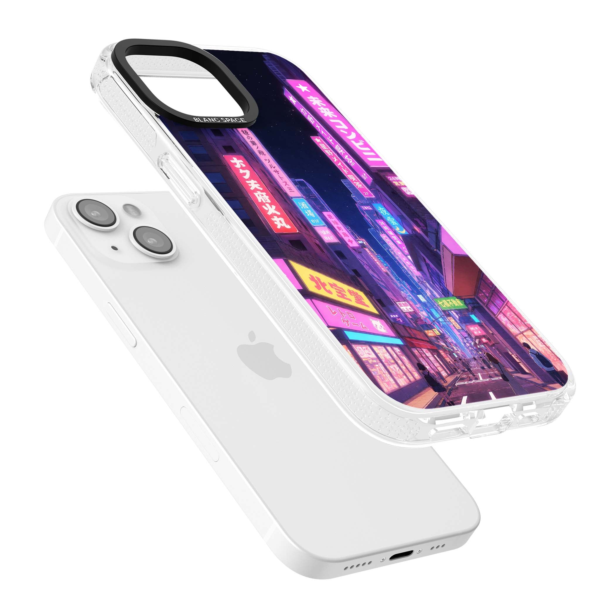 Shibuya At Night Japanese neon city iPhone case featuring glowing kanji signs, pink storefronts and a Tokyo street at n | Clear Case Impact Air case for iPhone 15, iPhone 15 Plus