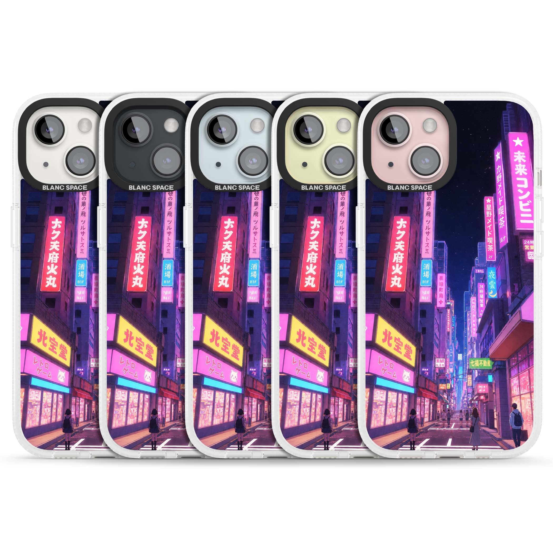 Shibuya At Night Japanese neon city iPhone case featuring glowing kanji signs, pink storefronts and a Tokyo street at n | Clear Case Impact Air case for iPhone 15, iPhone 15 Plus