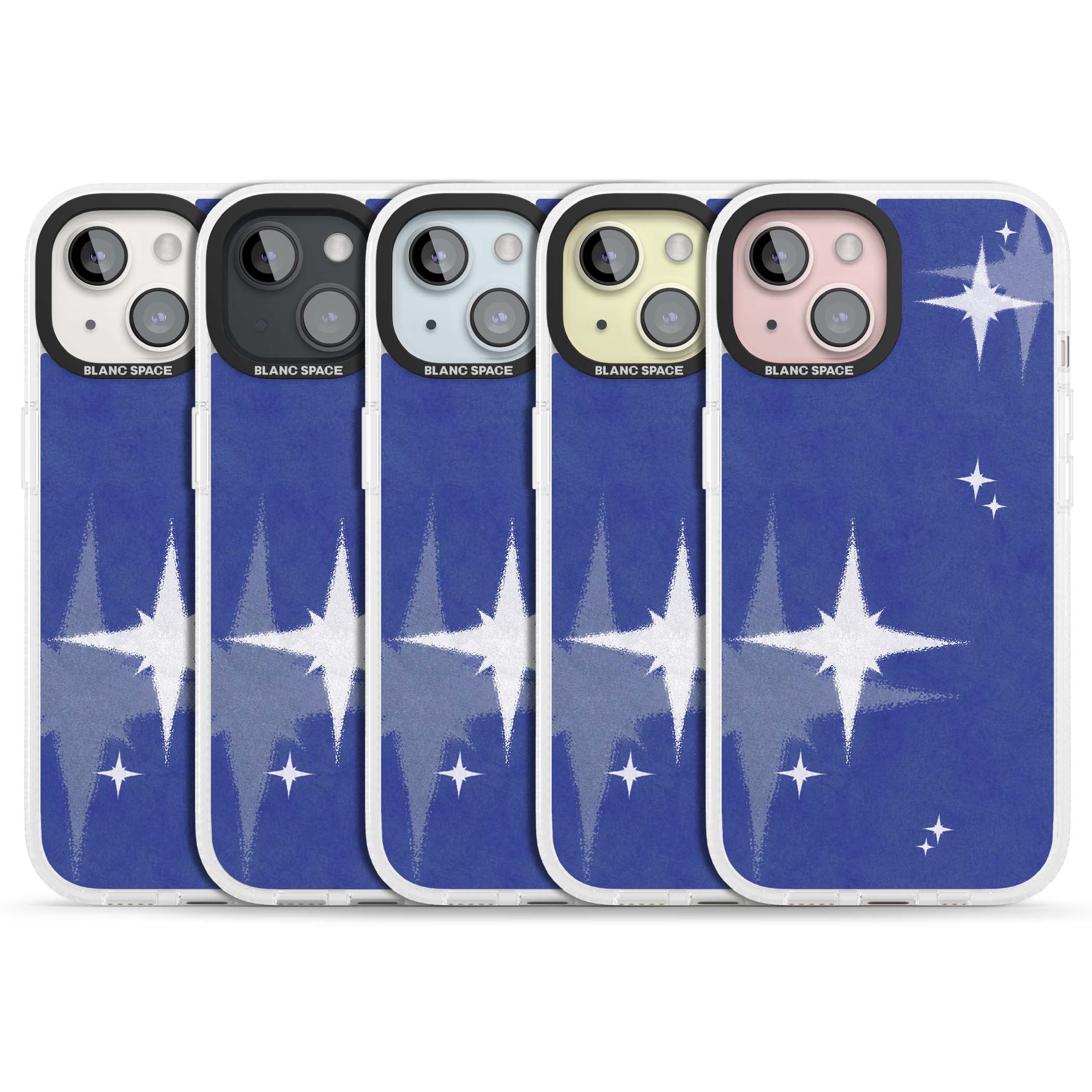 Blue Sparkle celestial iPhone case featuring sparkling silver stars on a deep blue painterly night sky | Clear Case Impact Air case for iPhone 15, iPhone 15 Plus
