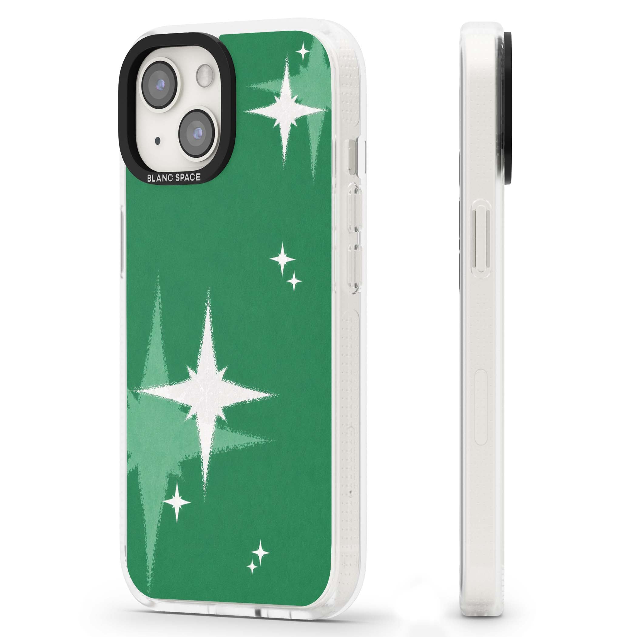 Green Sparkle celestial iPhone case featuring sparkling white four-point stars on a deep green background | Clear Case Impact Air case for iPhone 15, iPhone 15 Plus
