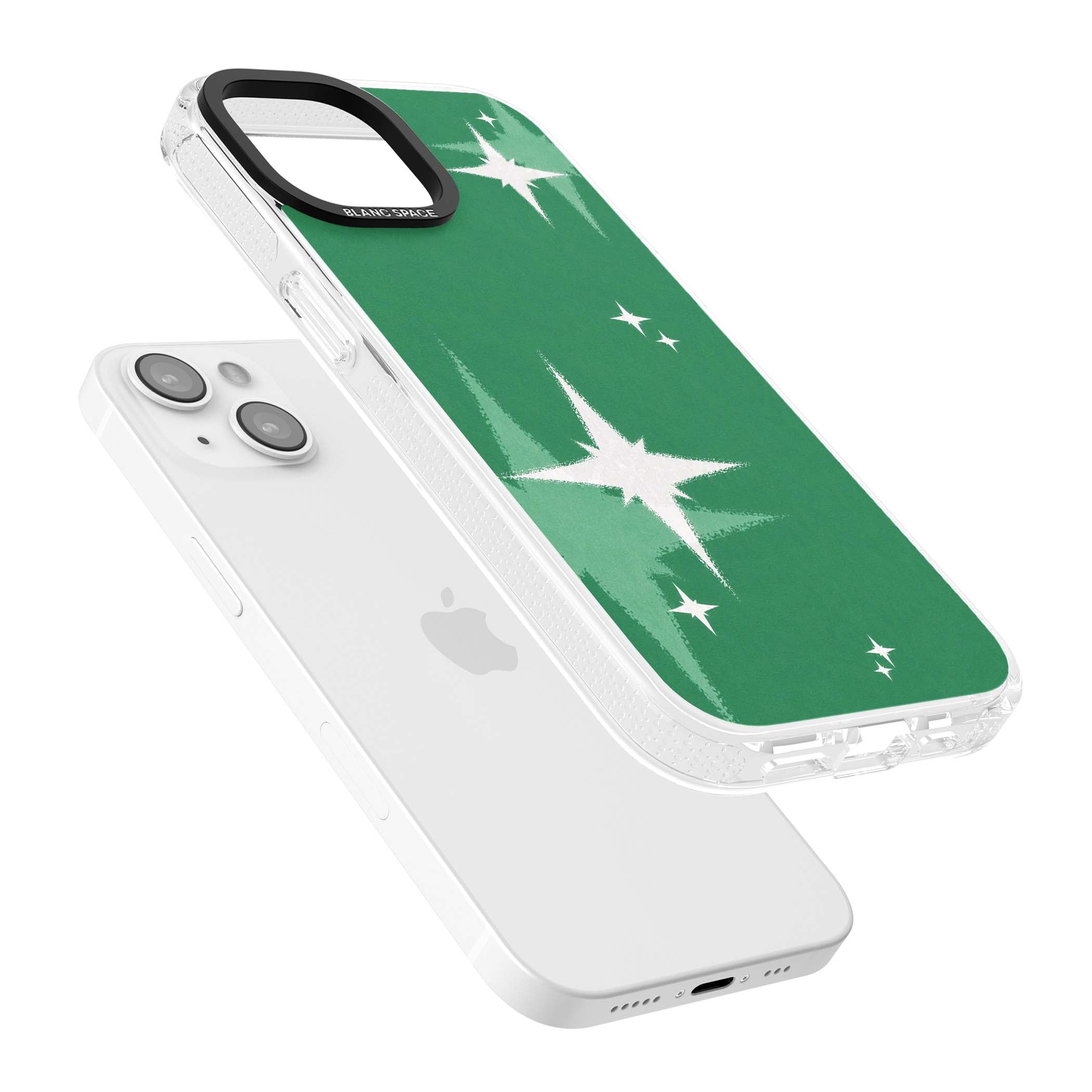 Green Sparkle celestial iPhone case featuring sparkling white four-point stars on a deep green background | Clear Case Impact Air case for iPhone 15, iPhone 15 Plus