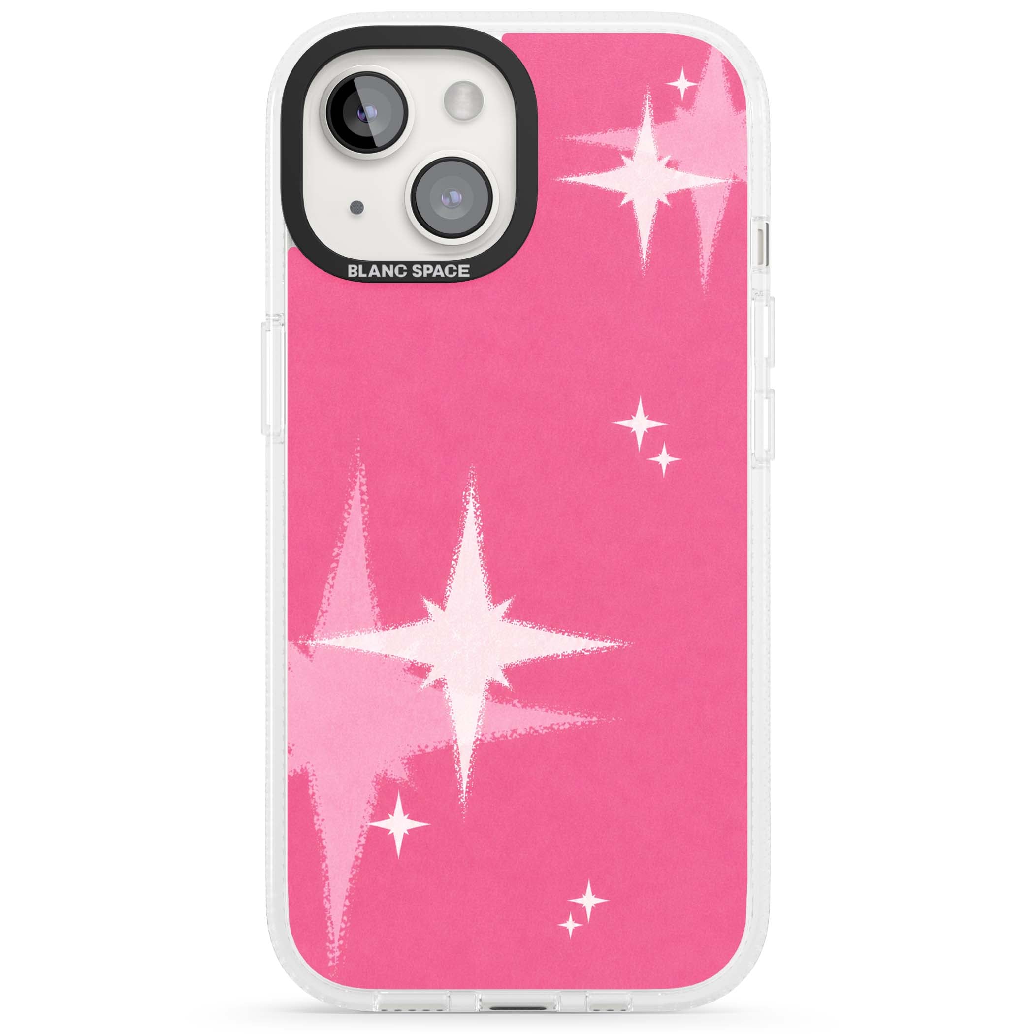 Pink Sparkle Y2K iPhone case featuring hot pink background with shimmering white starburst pattern | Clear Case Impact Air case for iPhone 15, iPhone 15 Plus