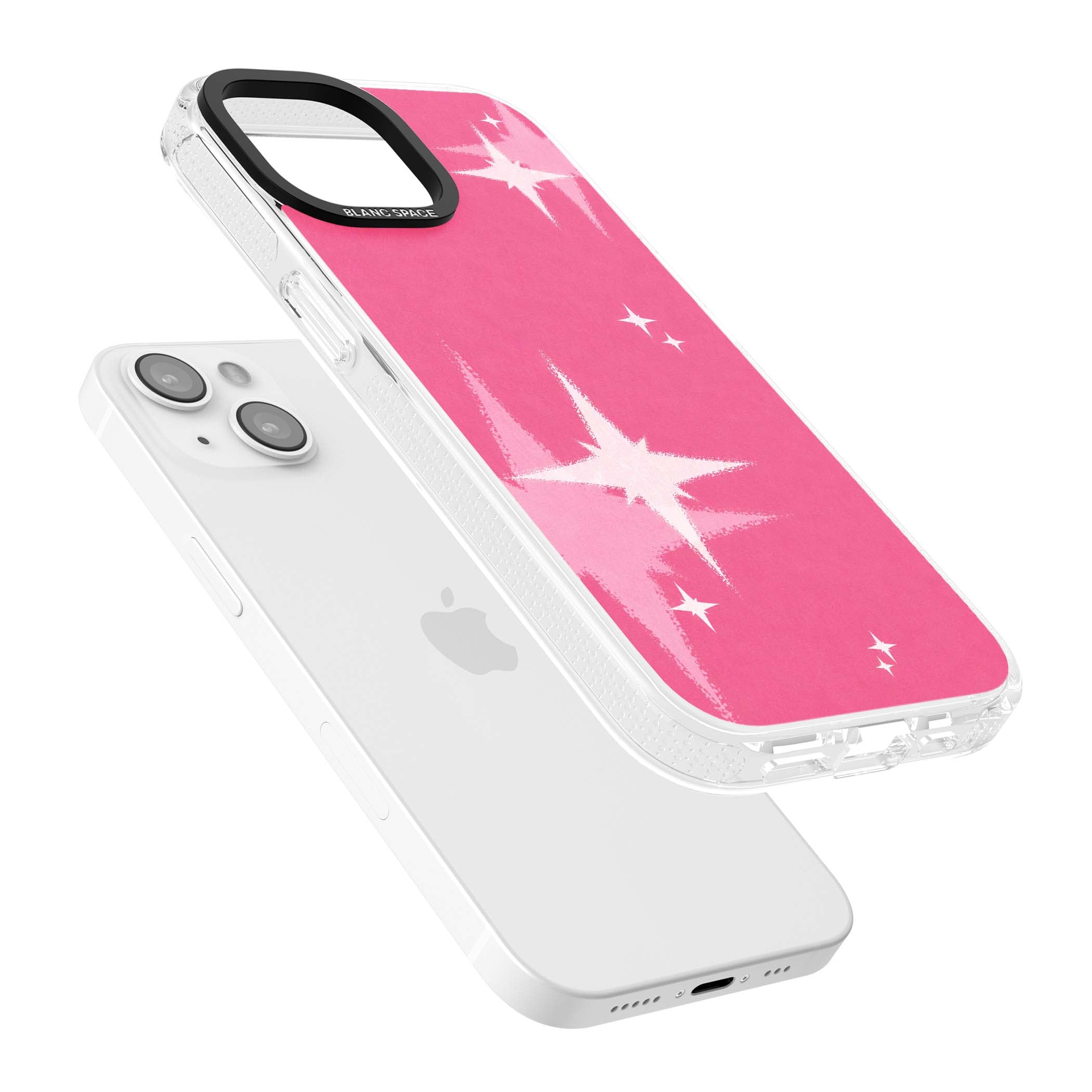 Pink Sparkle Y2K iPhone case featuring hot pink background with shimmering white starburst pattern | Clear Case Impact Air case for iPhone 15, iPhone 15 Plus