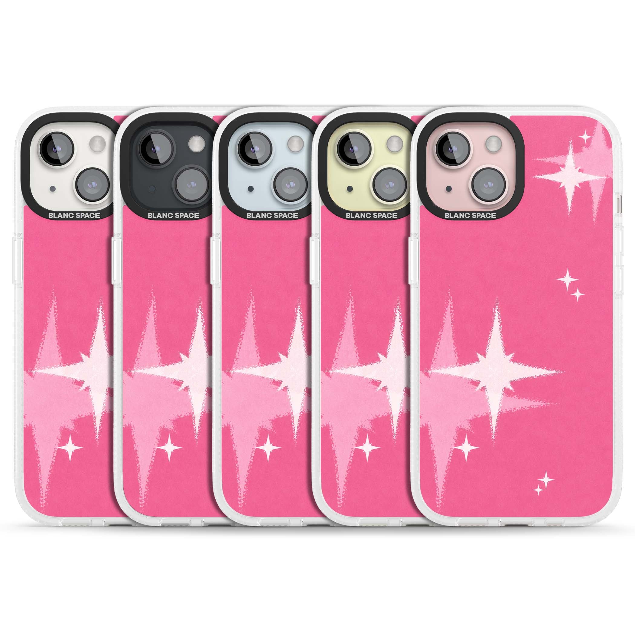 Pink Sparkle Y2K iPhone case featuring hot pink background with shimmering white starburst pattern | Clear Case Impact Air case for iPhone 15, iPhone 15 Plus