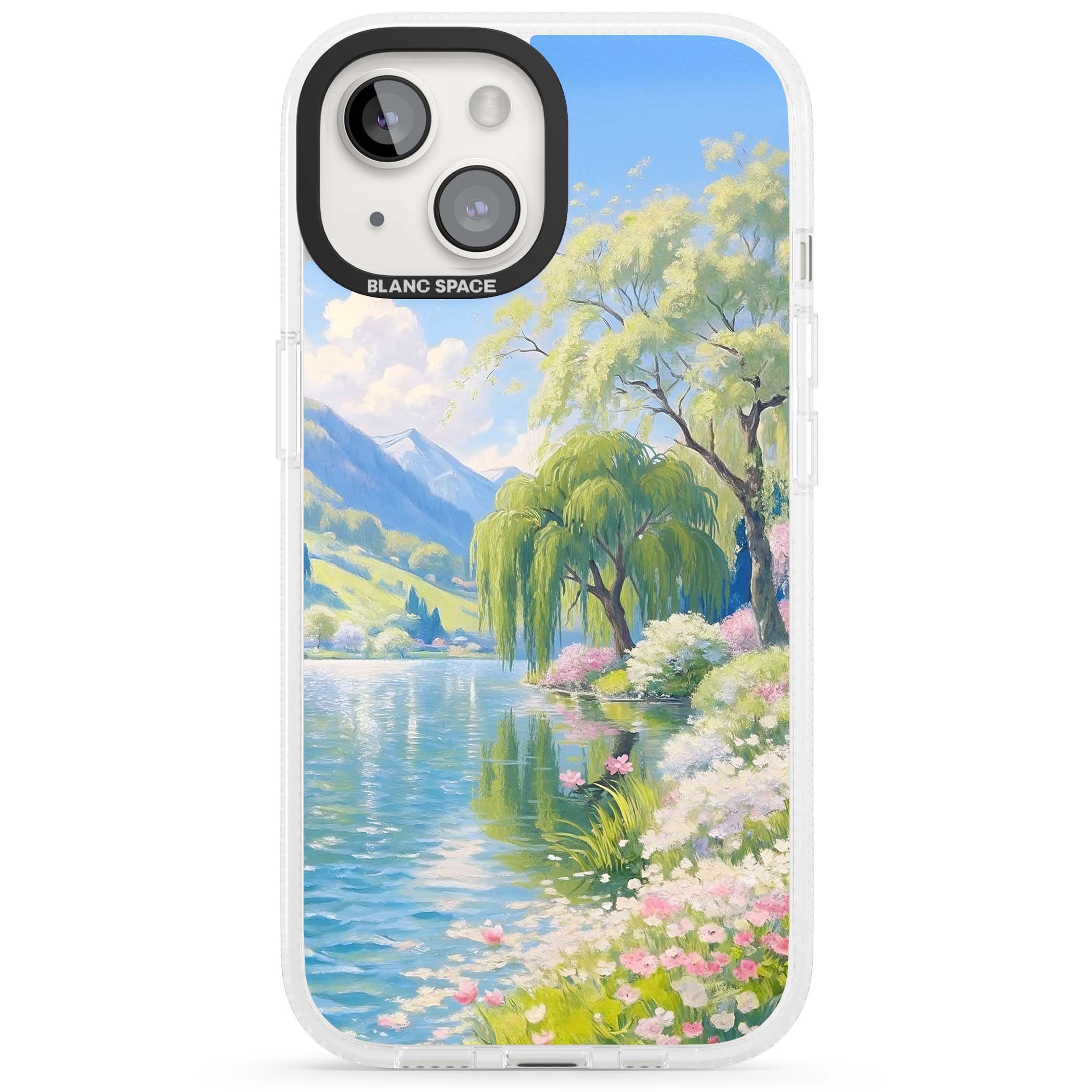 Willow Lake cottagecore iPhone case featuring a painted lakeside with weeping willow, blossoms and distant mountains | Clear Case Impact Air case for iPhone 15, iPhone 15 Plus
