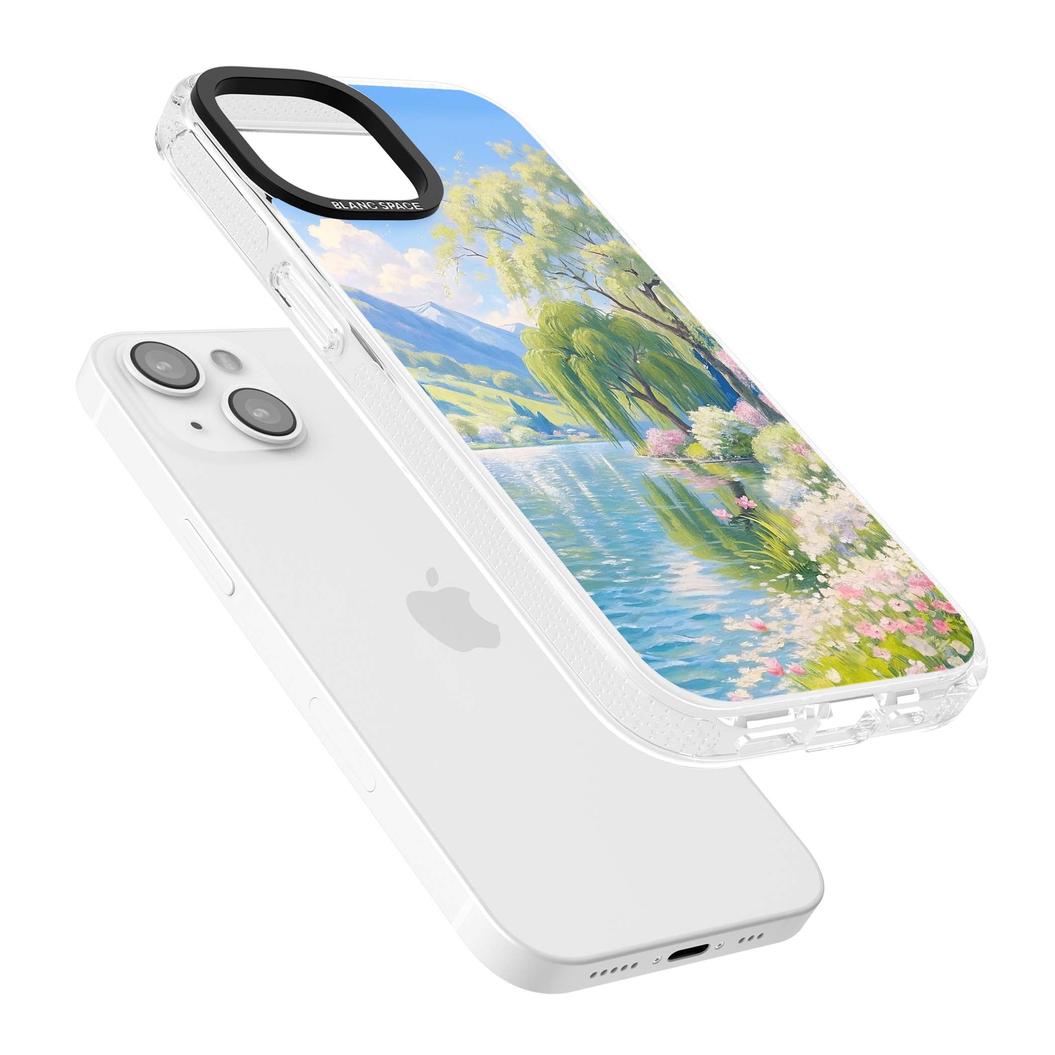 Willow Lake cottagecore iPhone case featuring a painted lakeside with weeping willow, blossoms and distant mountains | Clear Case Impact Air case for iPhone 15, iPhone 15 Plus