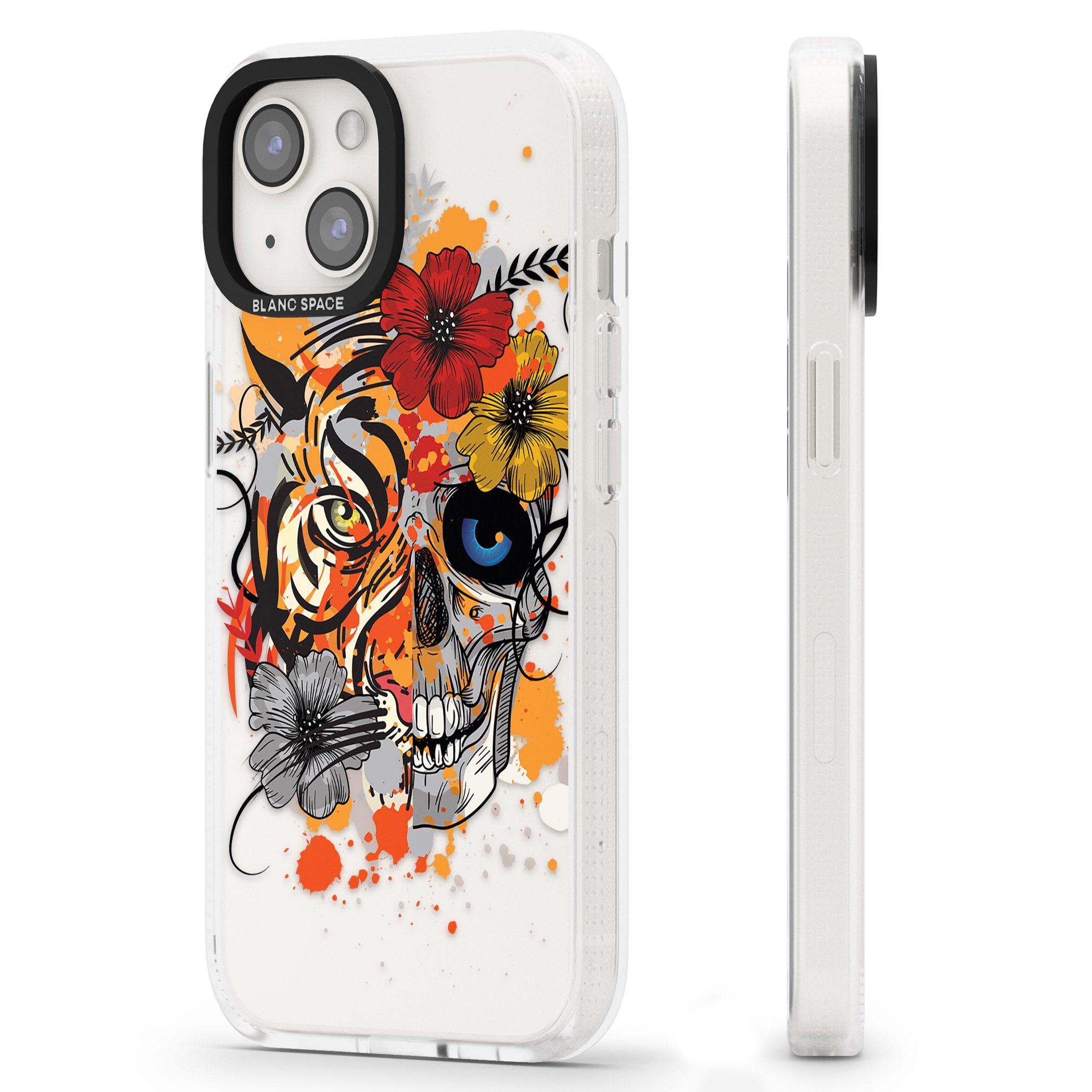 Sugar Skull Tiger Floral iPhone 15 / 14 / 13 Clear Case Impact Air - Blanc Space