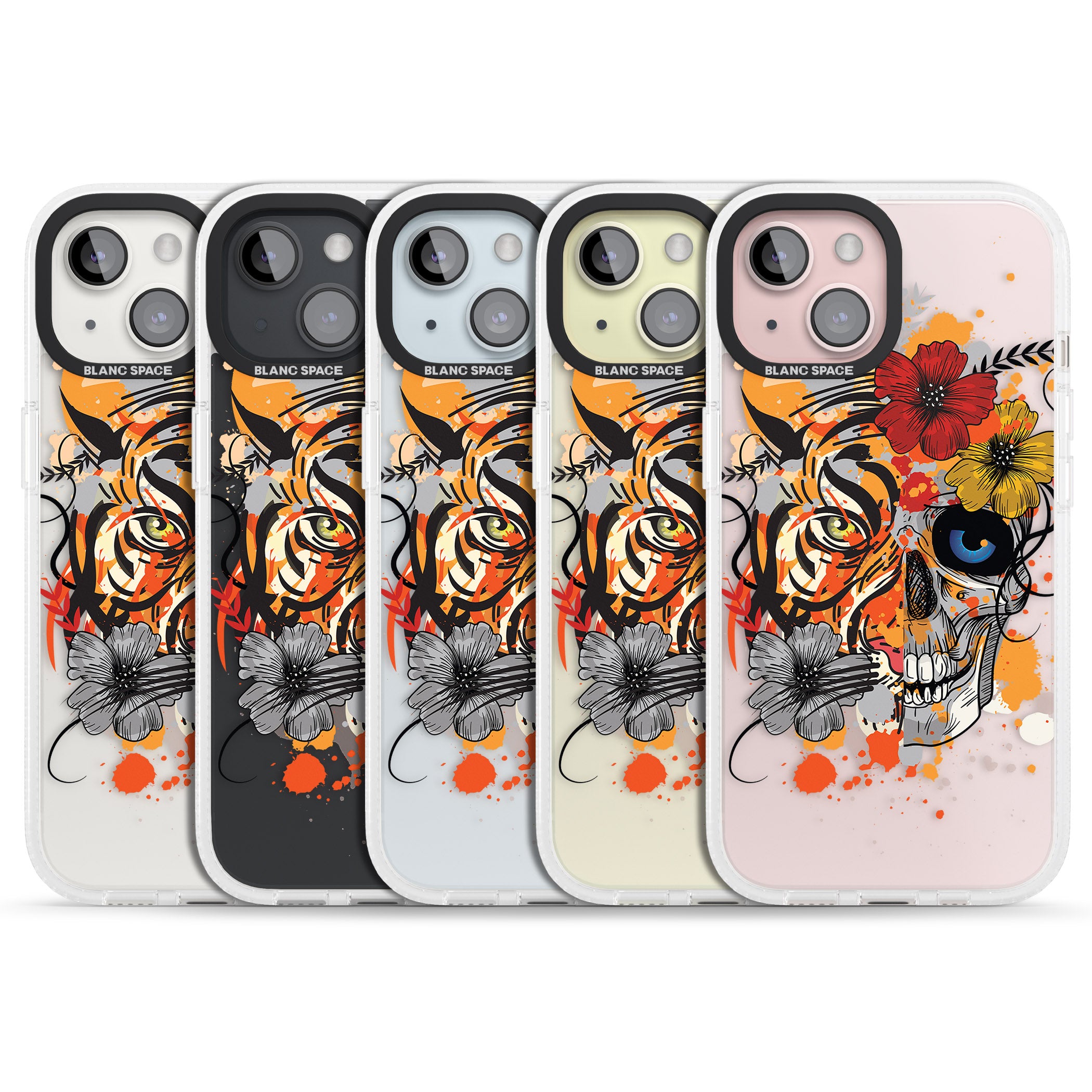 Sugar Skull Tiger Floral iPhone 15 / 14 / 13 Clear Case Impact Air - Blanc Space