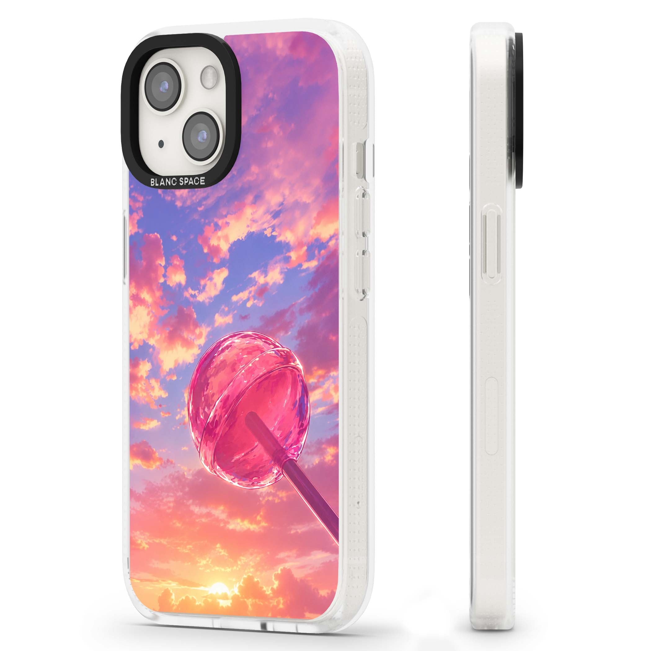 Sugar Sunset candy aesthetic iPhone case featuring a pink lollipop, pastel sunset sky and dreamy clouds | Clear Case Impact Air case for iPhone 15, iPhone 15 Plus