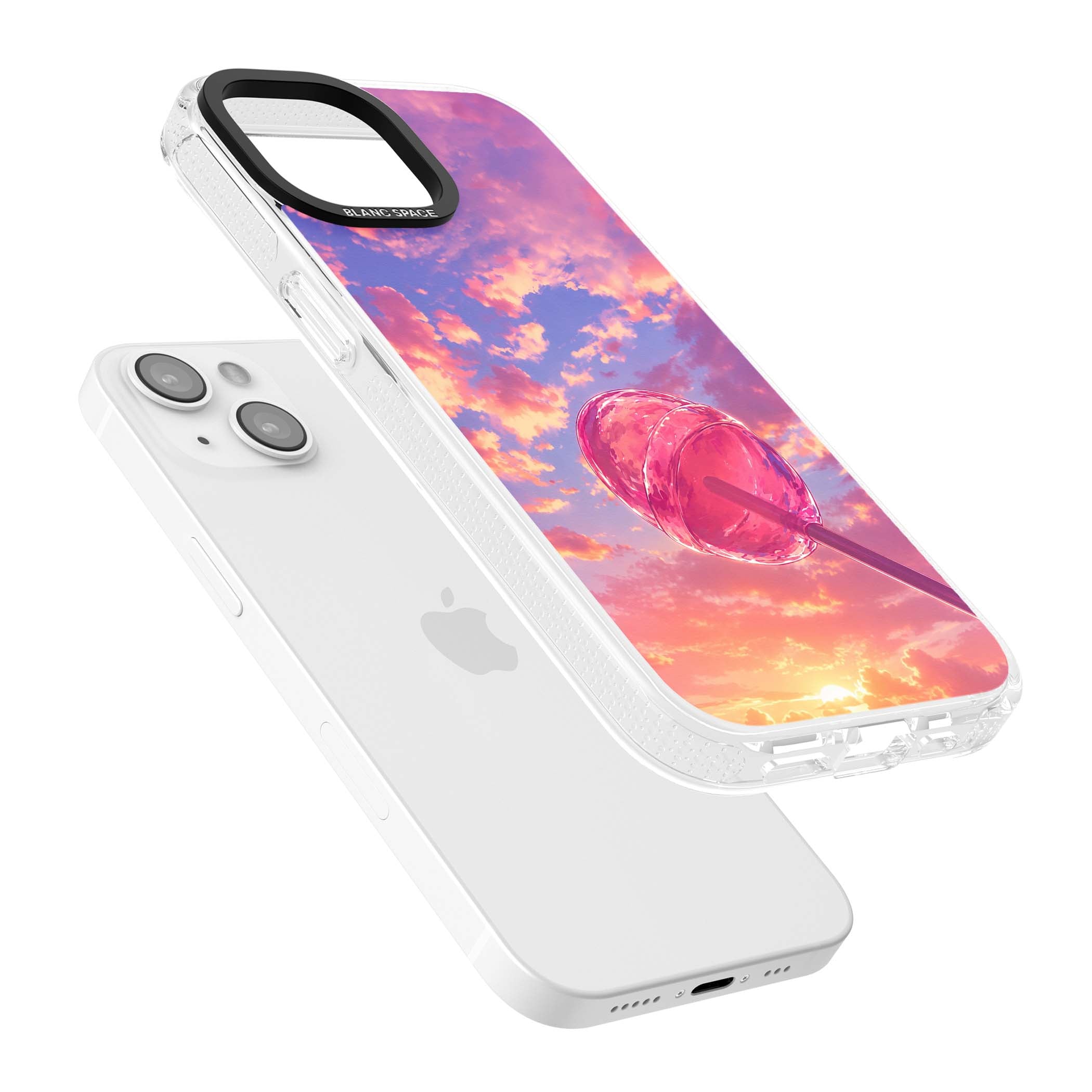 Sugar Sunset candy aesthetic iPhone case featuring a pink lollipop, pastel sunset sky and dreamy clouds | Clear Case Impact Air case for iPhone 15, iPhone 15 Plus