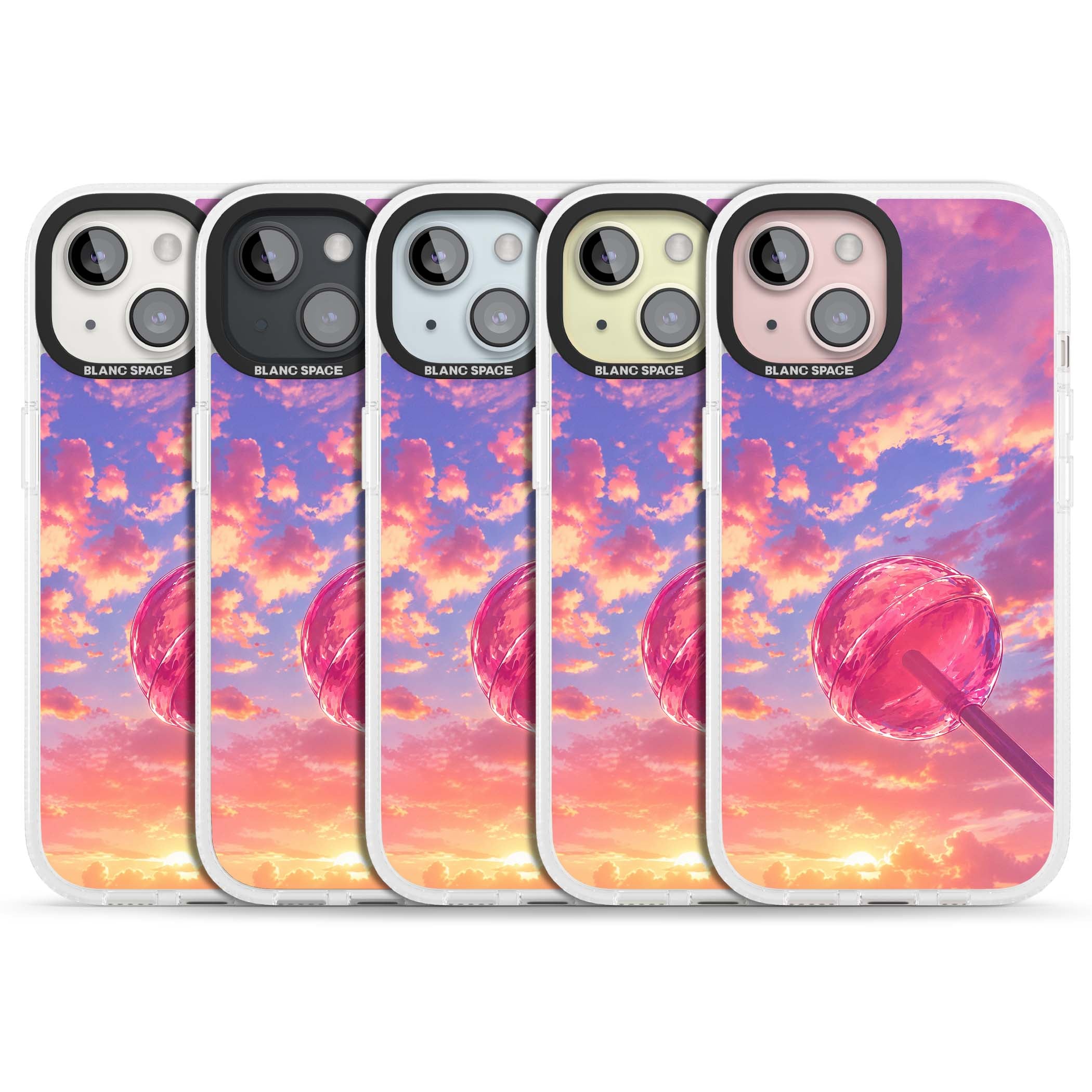 Sugar Sunset candy aesthetic iPhone case featuring a pink lollipop, pastel sunset sky and dreamy clouds | Clear Case Impact Air case for iPhone 15, iPhone 15 Plus