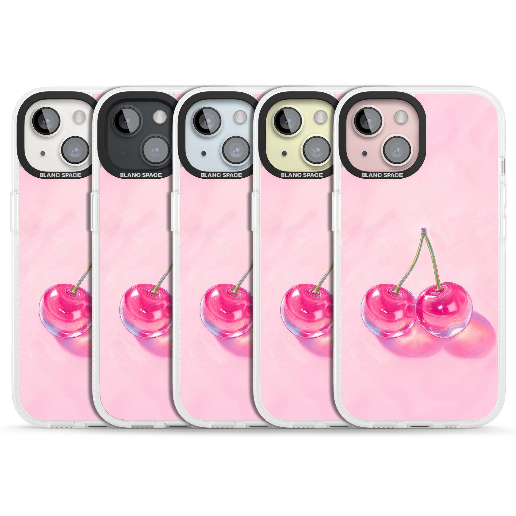 Pink Glass Cherry coquette iPhone case featuring two glossy painted cherries on a soft pink background | Clear Case Impact Air case for iPhone 15, iPhone 15 Plus
