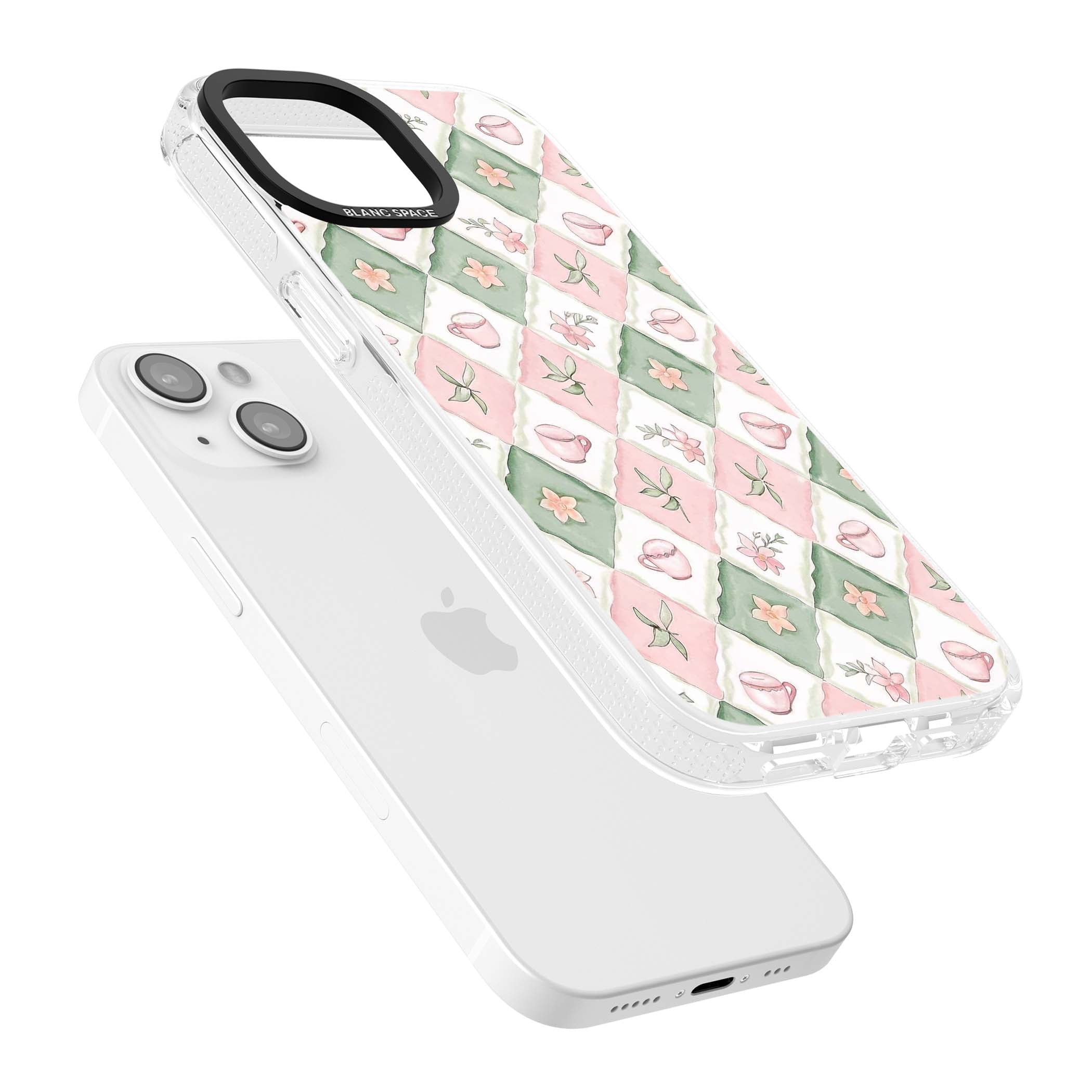 Garden Tea Party coquette iPhone case with pink and green checkered pattern, watercolour teacups and wildflowers | Clear Case Impact Air case for iPhone 15, iPhone 15 Plus