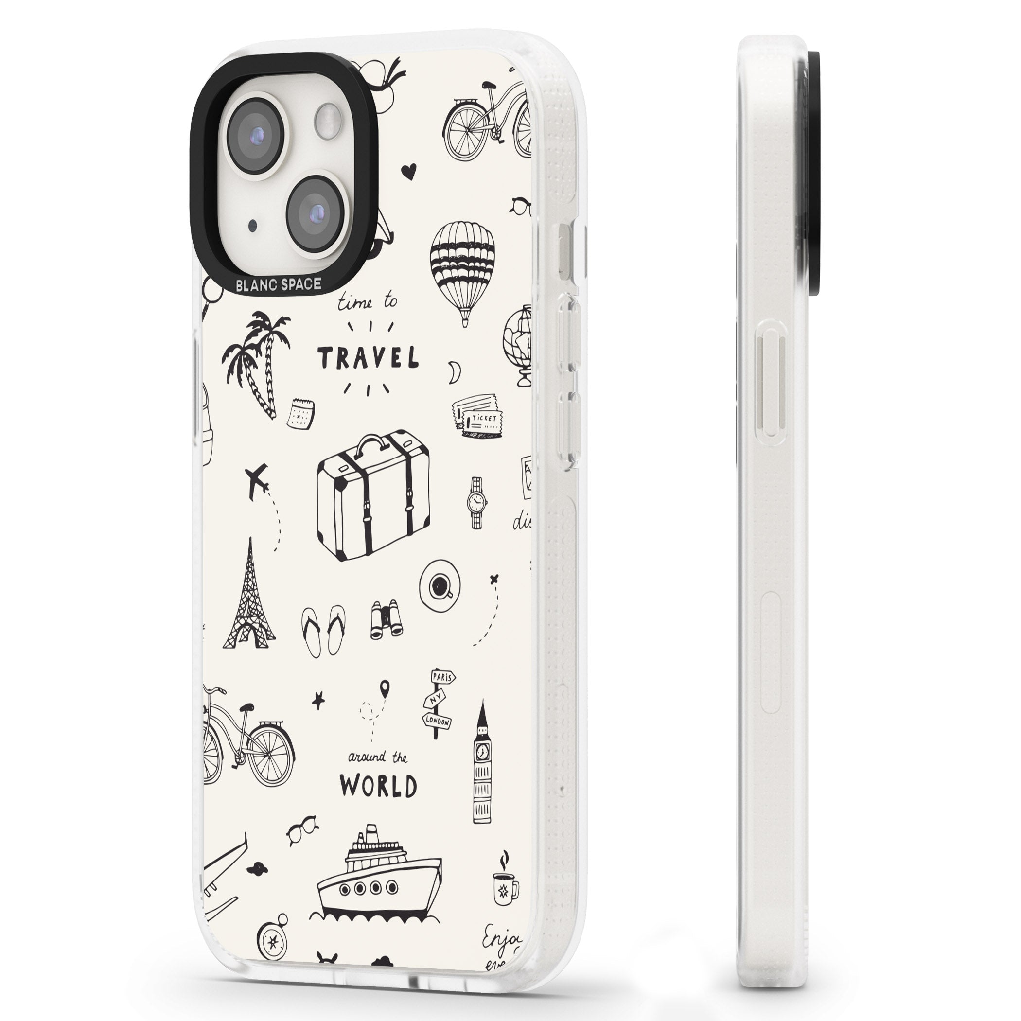 Cute Travel Pattern, White on iPhone 15 / 14 / 13 Clear Case Impact Air - Blanc Space