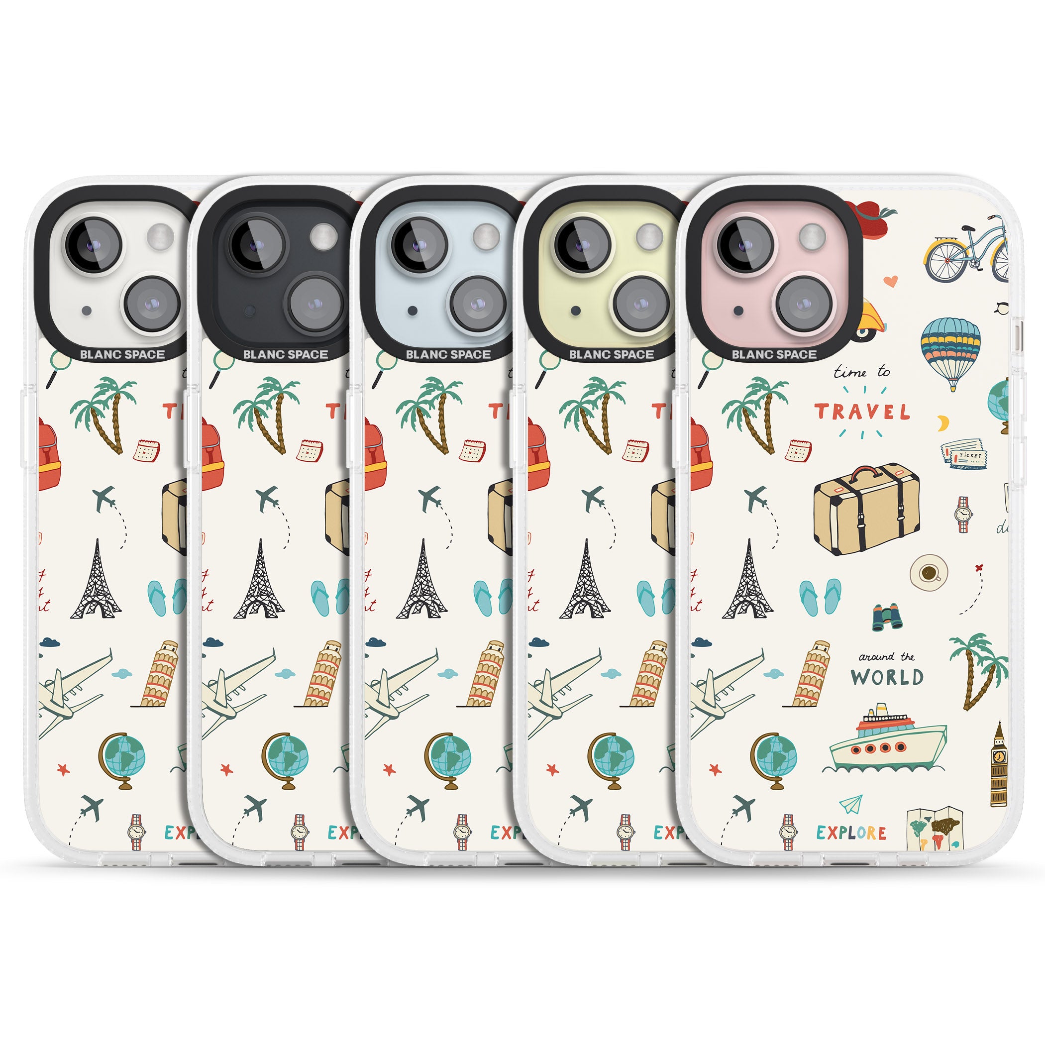 Cute Travel Pattern Cream iPhone 15 / 14 / 13 Clear Case Impact Air - Blanc Space