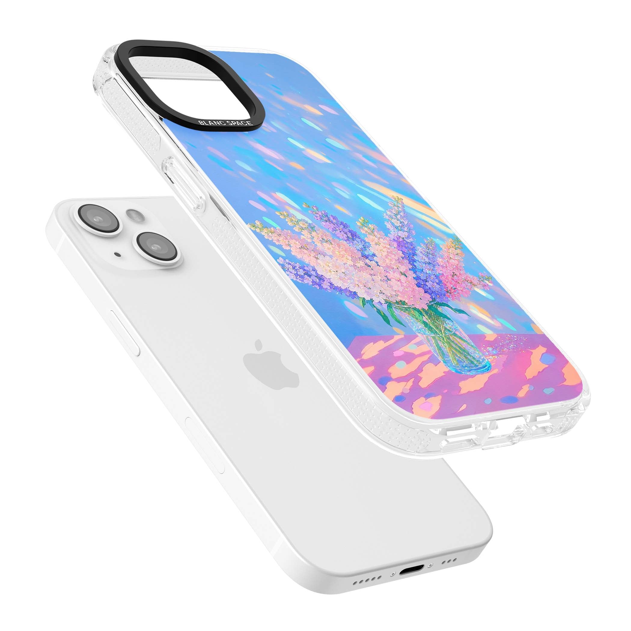 Bubblegum Flowers floral iPhone case featuring pastel lilac and pink bouquet in a glass vase with iridescent light | Clear Case Impact Air case for iPhone 15, iPhone 15 Plus