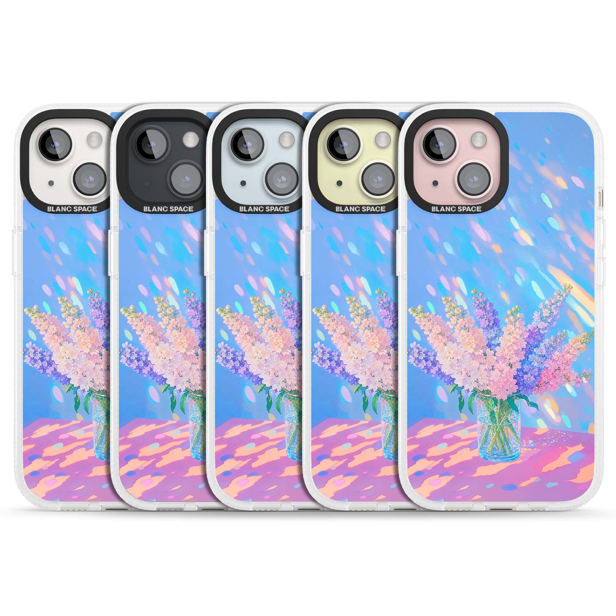 Bubblegum Flowers floral iPhone case featuring pastel lilac and pink bouquet in a glass vase with iridescent light | Clear Case Impact Air case for iPhone 15, iPhone 15 Plus