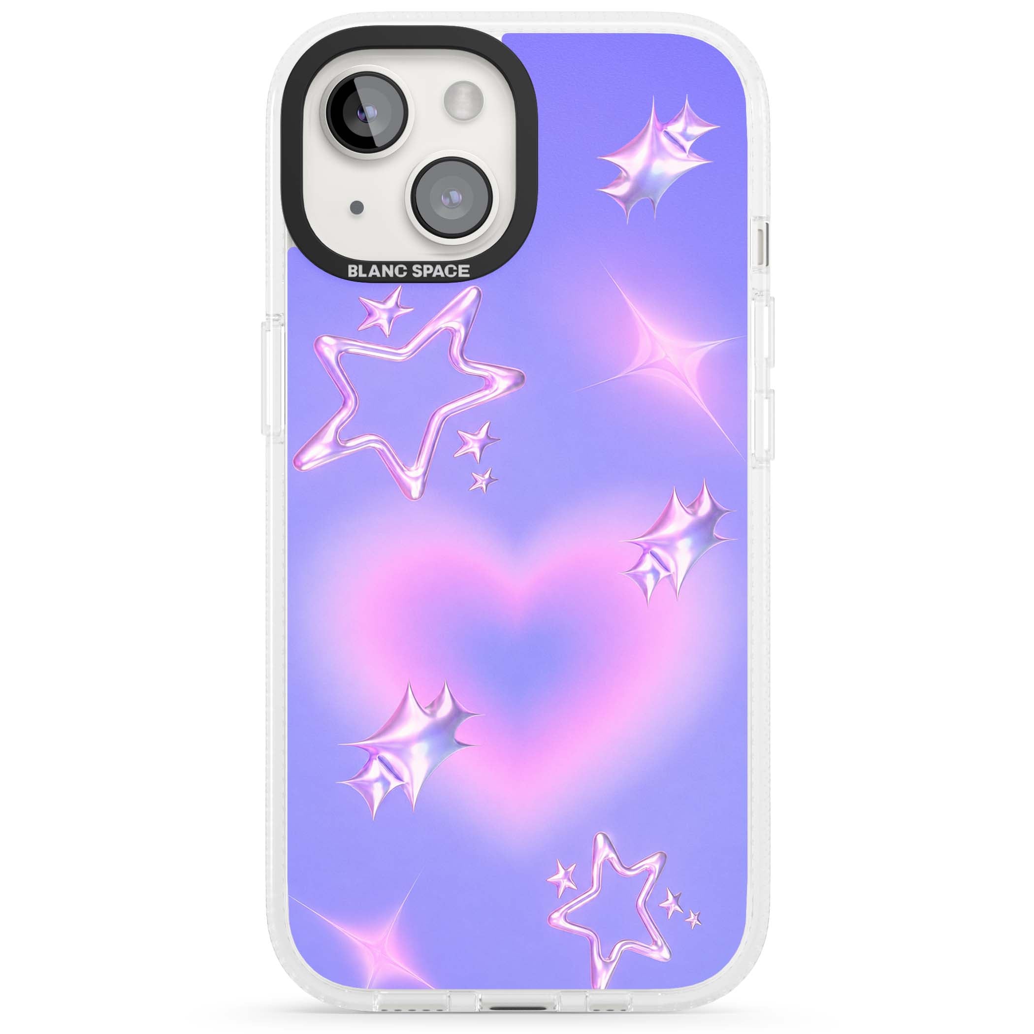 Soft Sugar Y2K iPhone case featuring iridescent chrome hearts, metallic pink stars and a lavender gradient sky | Clear Case Impact Air case for iPhone 15, iPhone 15 Plus