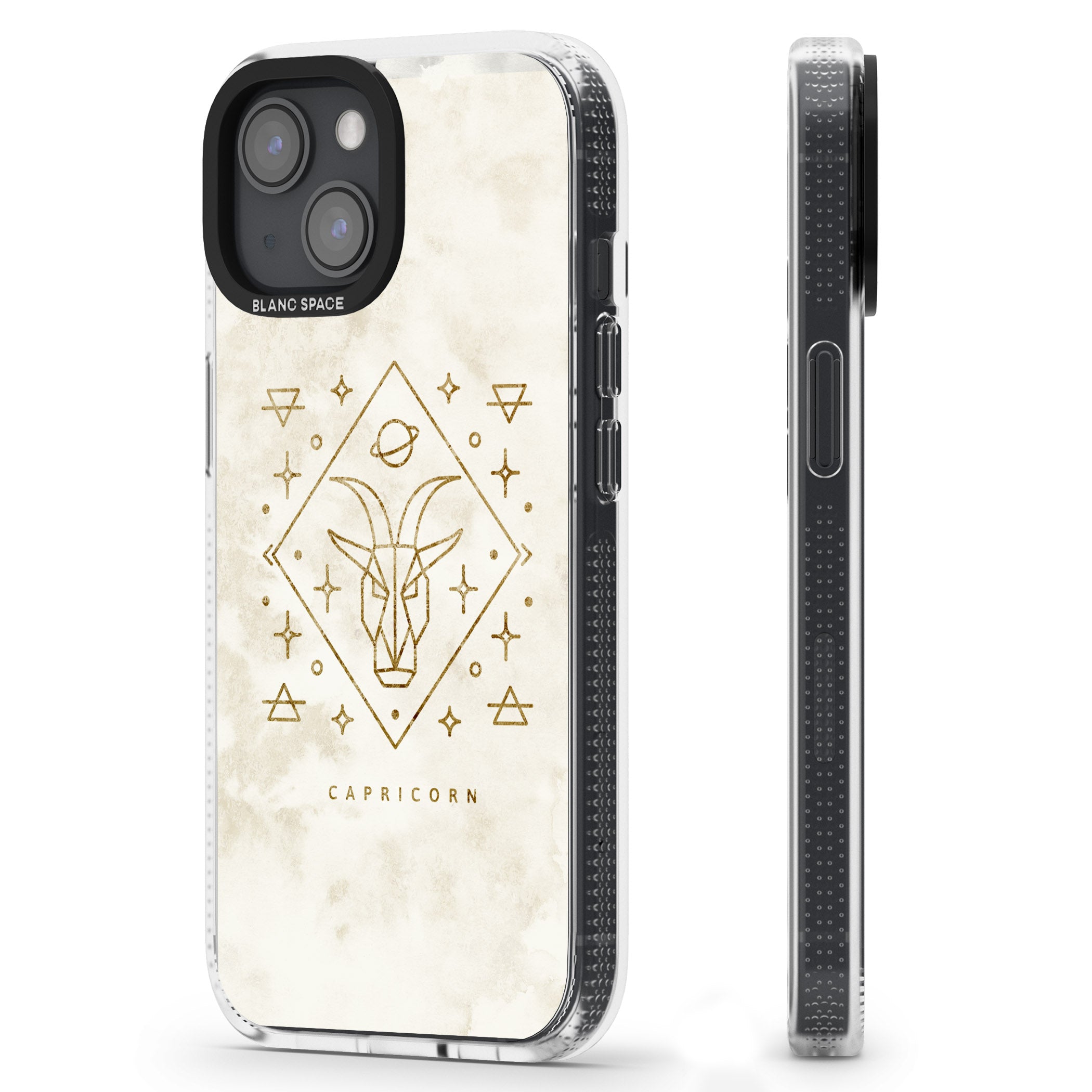 Capricorn Emblem - Solid Gold Marbled Design iPhone 15 / 14 / 13 Clear Case Impact Air - Blanc Space