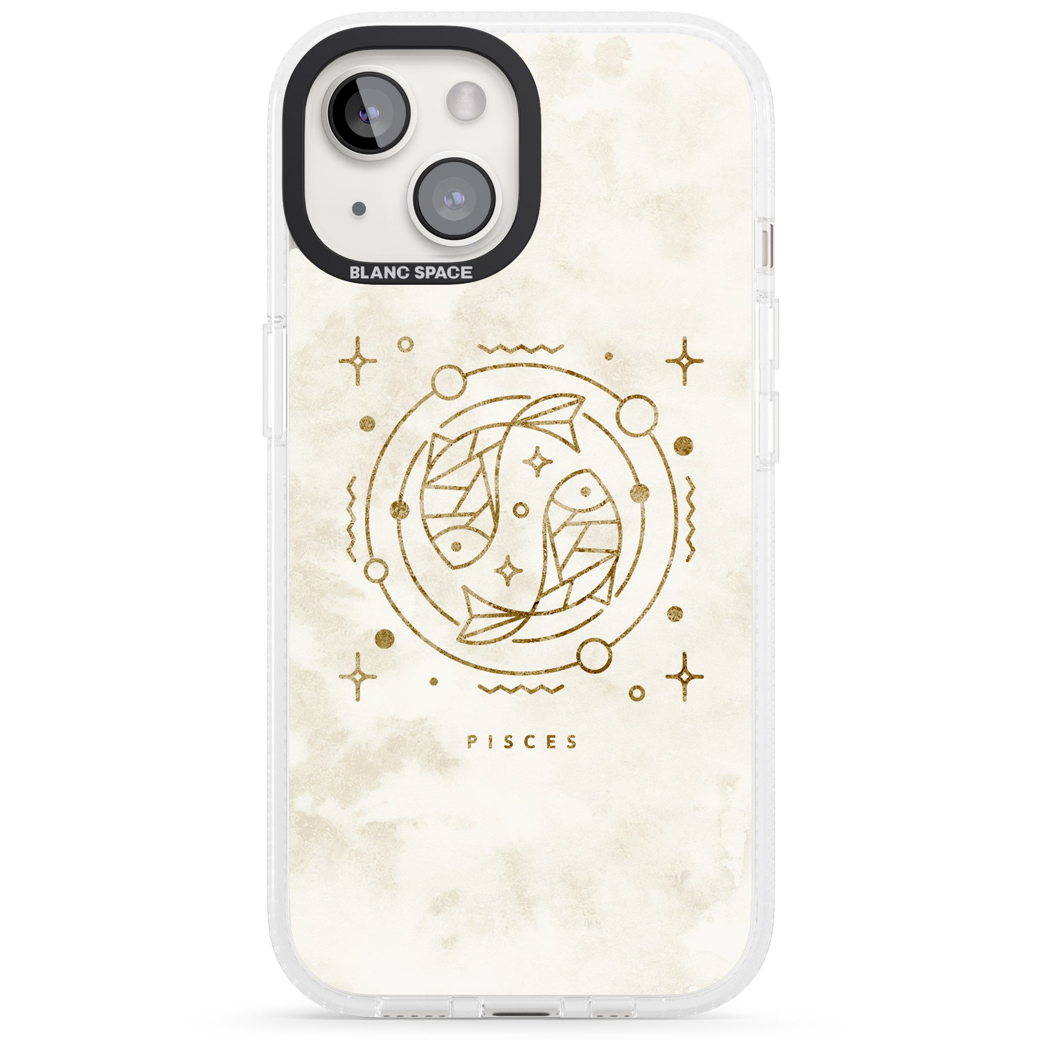 Pisces Emblem - Solid Gold Marbled Design iPhone 15 / 14 / 13 Clear Case Impact Air - Blanc Space