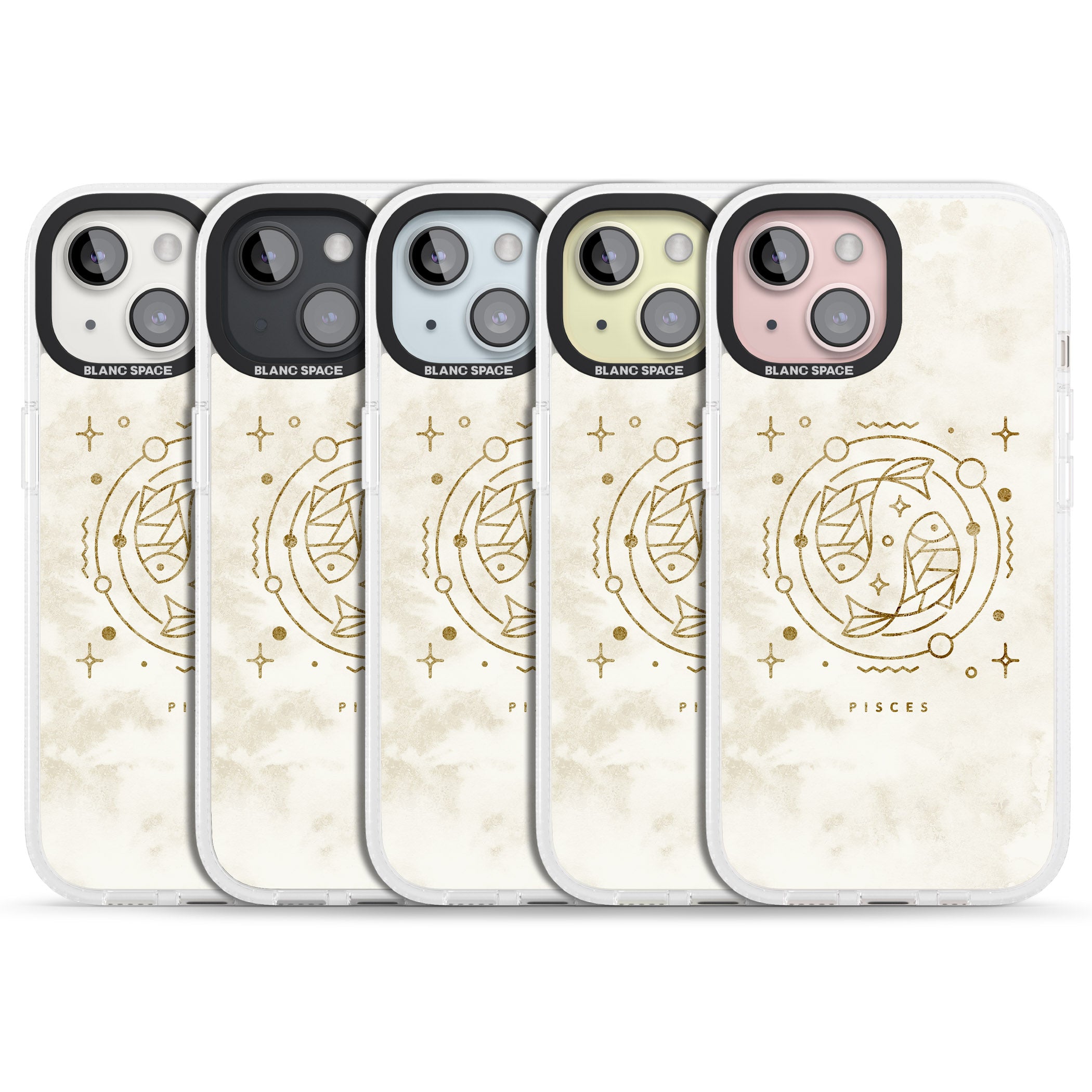 Pisces Emblem - Solid Gold Marbled Design iPhone 15 / 14 / 13 Clear Case Impact Air - Blanc Space