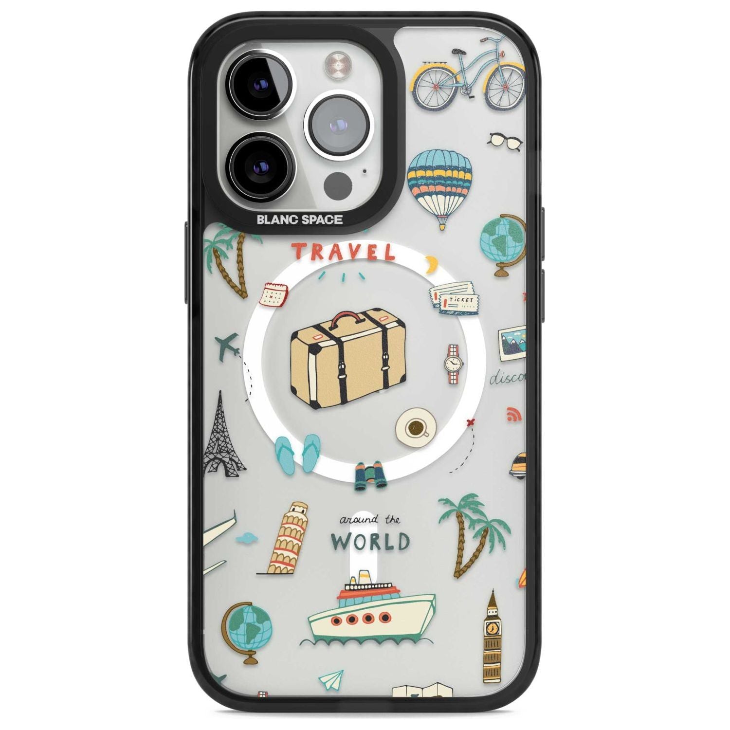 Cute Travel Pattern Transparent Phone Case iPhone 15 Pro / Magsafe Black Impact Case,iPhone 15 Pro Max / Magsafe Black Impact Case,iPhone 14 Pro Max / Magsafe Black Impact Case,iPhone 13 Pro / Magsafe Black Impact Case,iPhone 14 Pro / Magsafe Black Impact Case Blanc Space