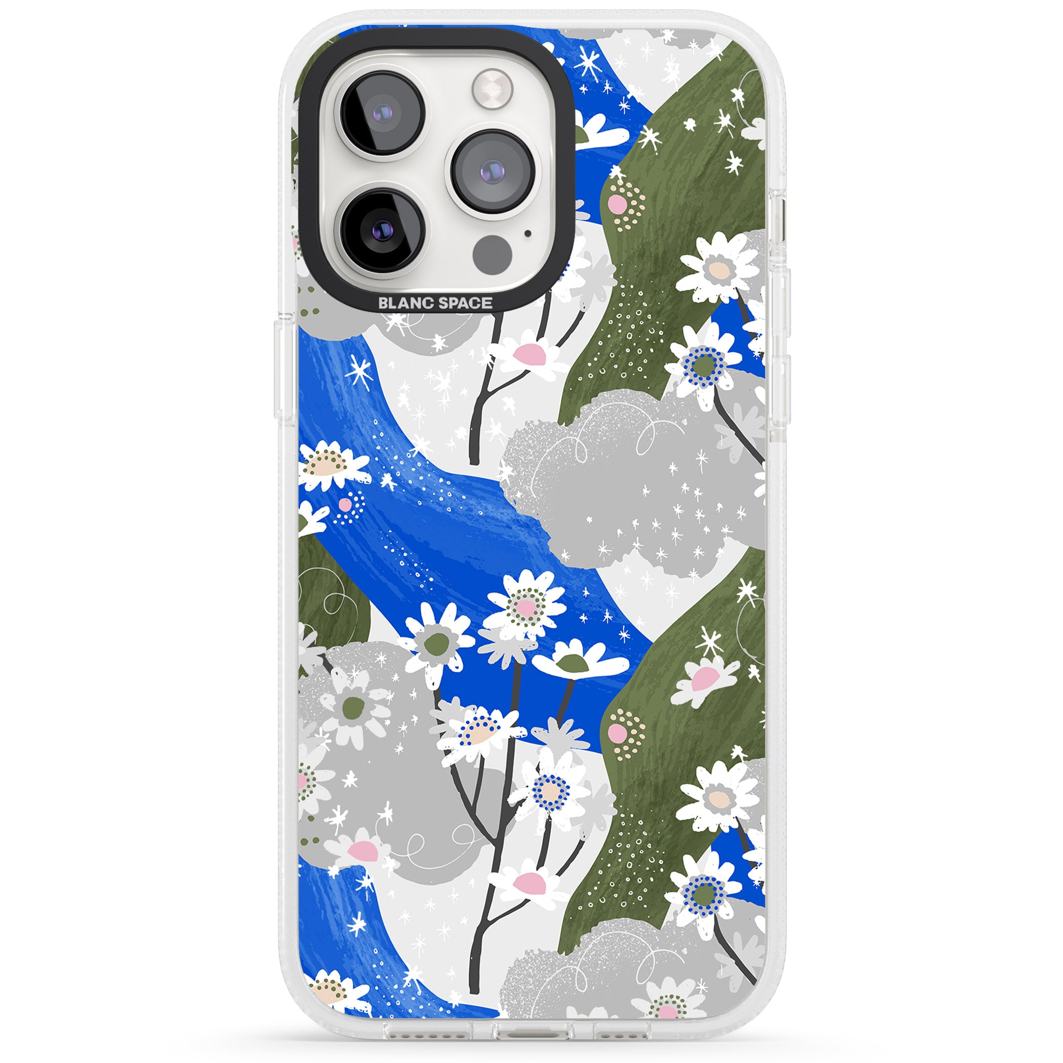 Blue & Grey Daisies Pattern iPhone 15 Pro Max / 15 Pro / 14 Pro Max / 14 Pro / 13 Pro Clear Case Impact Air - Blanc Space
