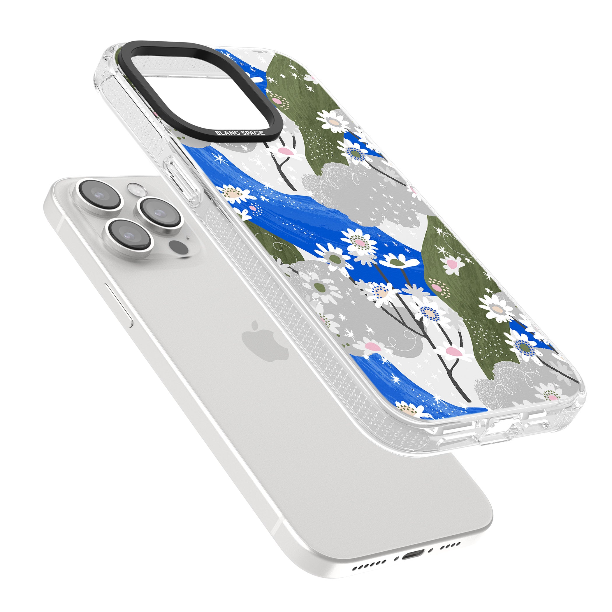 Blue & Grey Daisies Pattern iPhone 15 Pro Max / 15 Pro / 14 Pro Max / 14 Pro / 13 Pro Clear Case Impact Air - Blanc Space