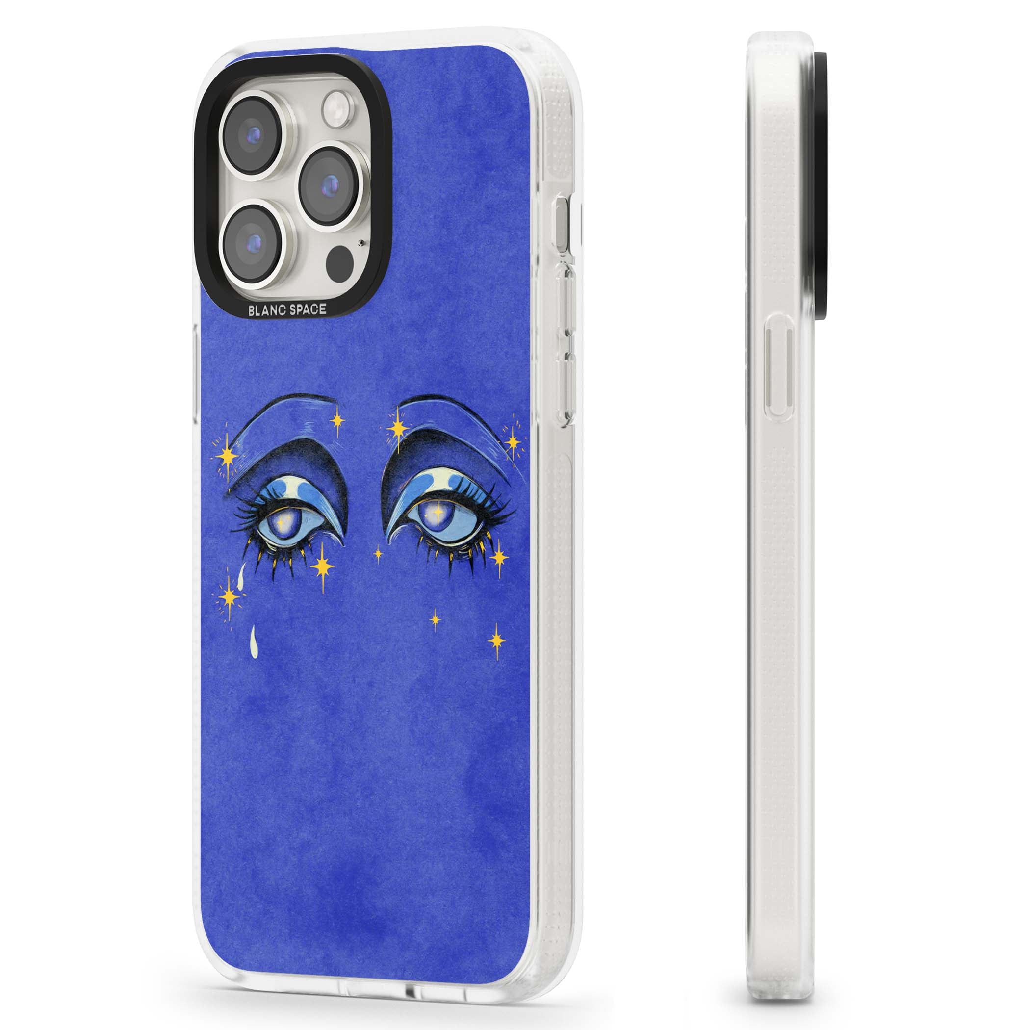 Blue Mystic Eyes celestial iPhone case featuring hand drawn blue mystical eyes, golden stars and a painted tear on indigo | Clear Case Impact Air case for iPhone 15 Pro, iPhone 15 Pro Max