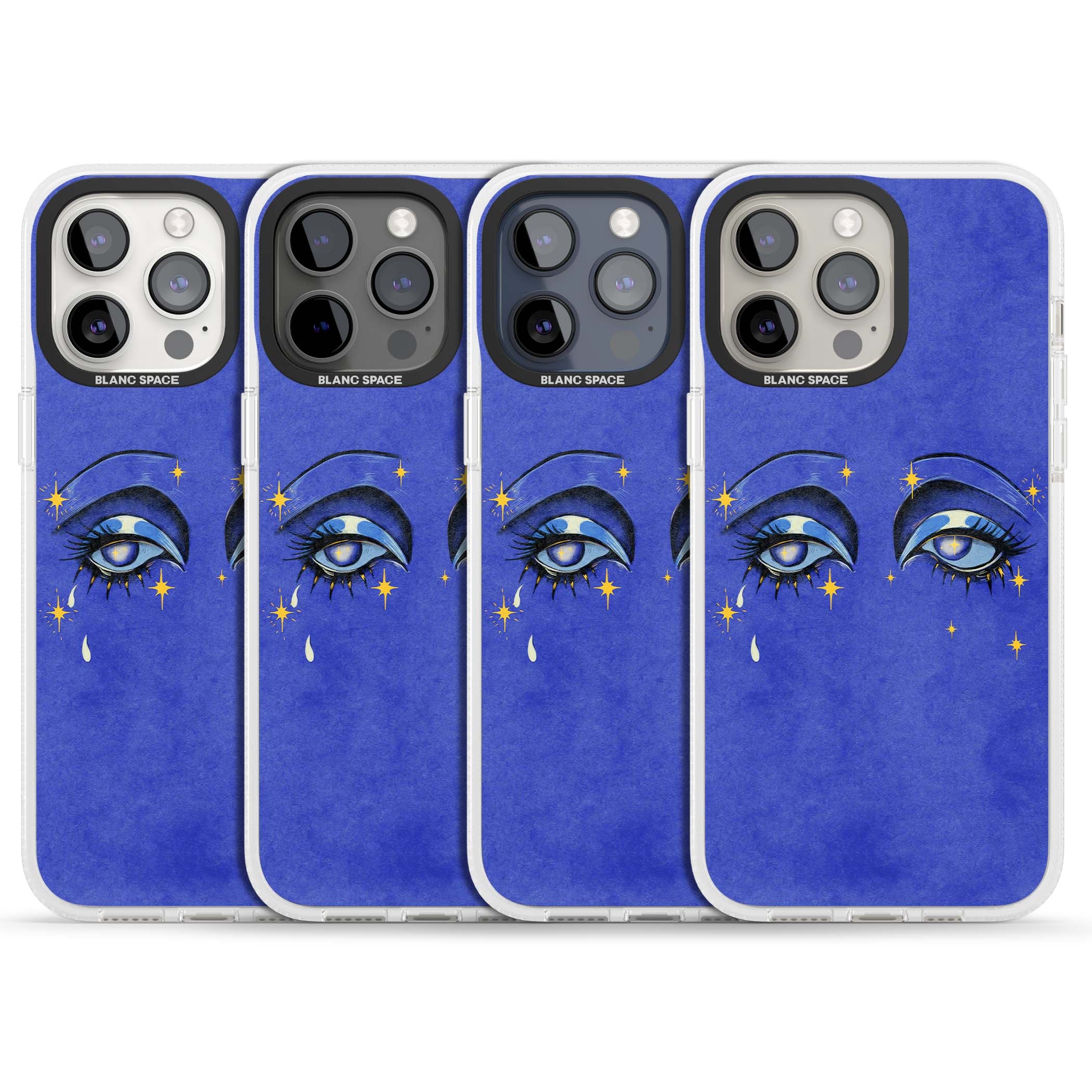 Blue Mystic Eyes celestial iPhone case featuring hand drawn blue mystical eyes, golden stars and a painted tear on indigo | Clear Case Impact Air case for iPhone 15 Pro, iPhone 15 Pro Max