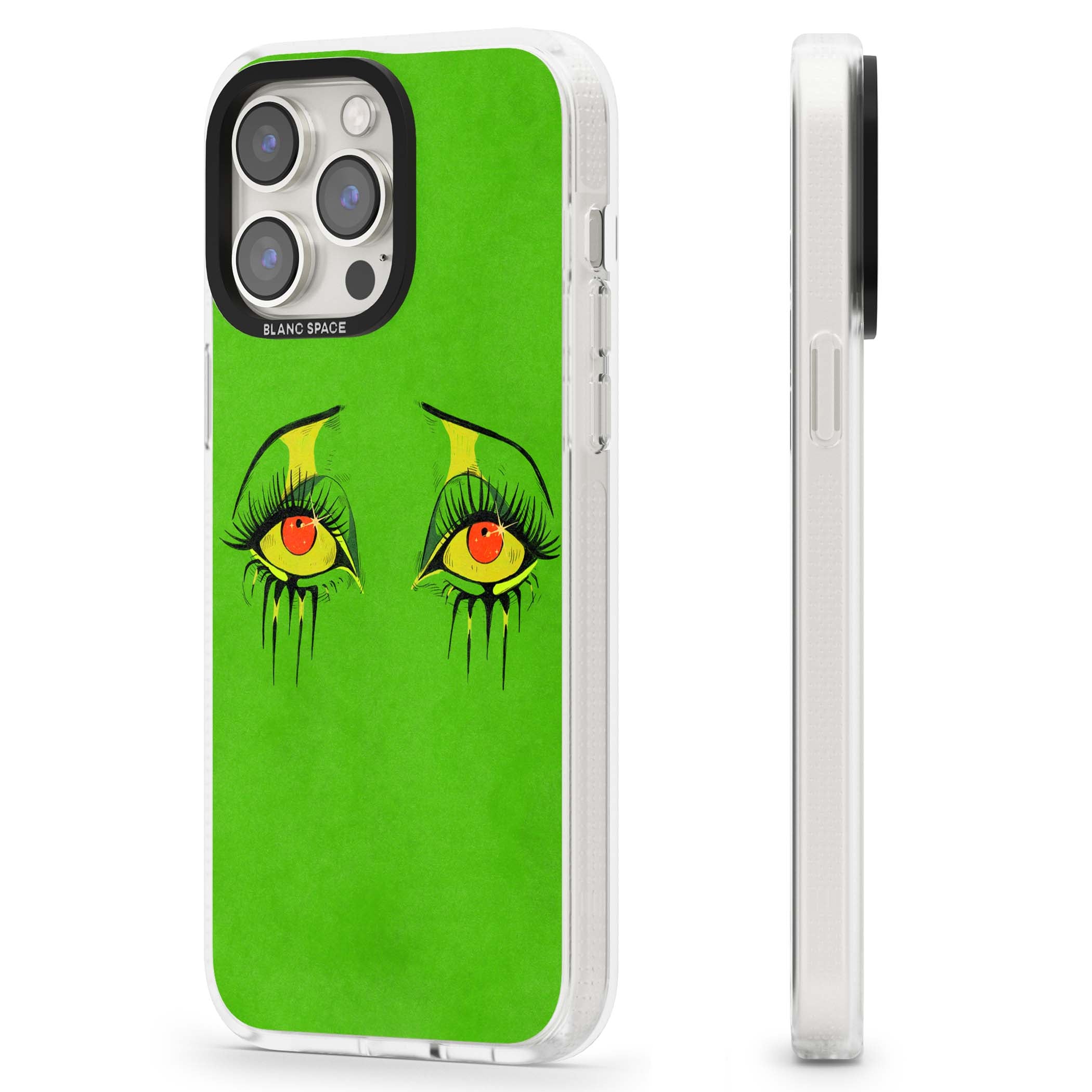 Green Enchanted Eyes psychedelic art iPhone case featuring hand-drawn dripping eyes on neon green background | Clear Case Impact Air case for iPhone 15 Pro, iPhone 15 Pro Max