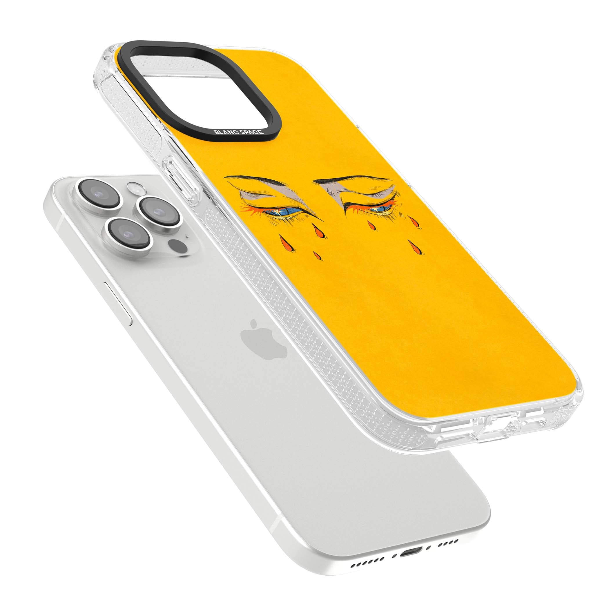 Yellow Tearful Eyes indie iPhone case featuring hand-drawn crying eyes with orange tears on a yellow background | Clear Case Impact Air case for iPhone 15 Pro, iPhone 15 Pro Max
