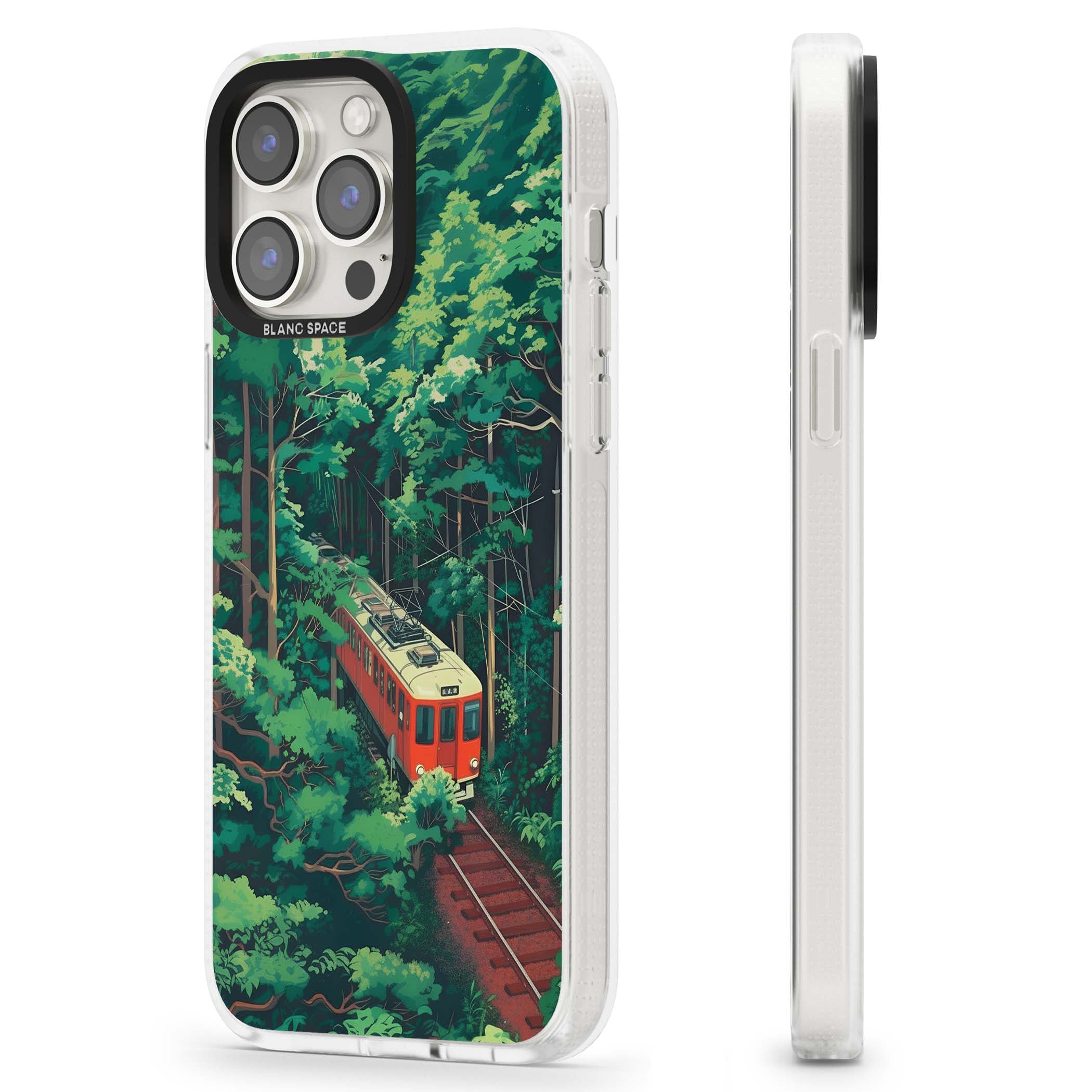 Railway In Toyama Japanese iPhone case featuring a red train, cedar forest and winding mountain railway tracks | Clear Case Impact Air case for iPhone 15 Pro, iPhone 15 Pro Max